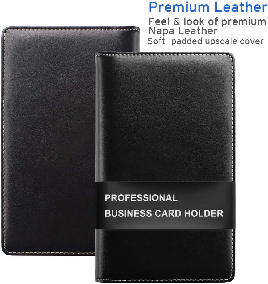 Sooez Leather Professional Business Card Book Holder Organizer, 240 Capacity Credit Card Booklet, PU Name Cards Holder Storage File for Men Women, 7.7 x 4.5 Inch, Black