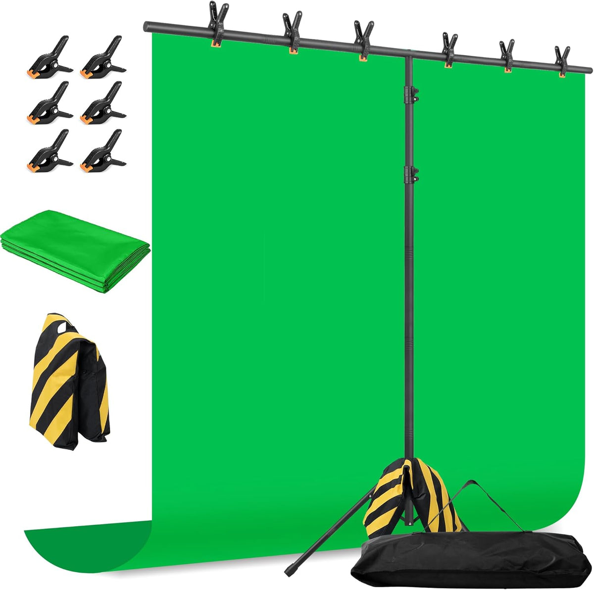 Green Screen Backdrop with Stand, 6.5x5ft Portable Greenscreen Background with Stand, T-Shape Green Screen Stand kit with 6 Spring Clamps, Sandbag, Carry Bag for Zoom, Video, Streaming and Photoshoot