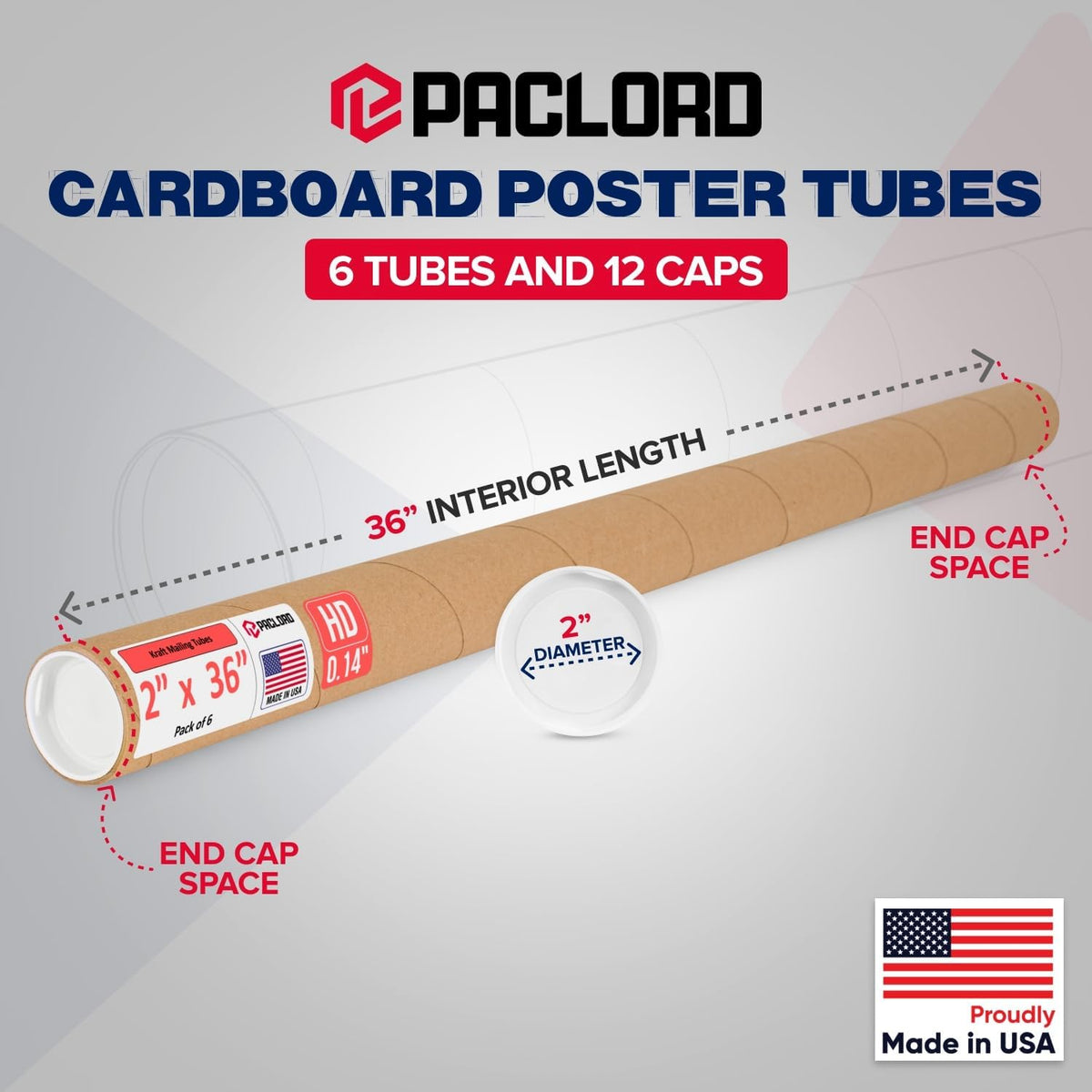 2" x 36" Heavy-Duty Reinforced Cardboard Mailing Tube, Pack of 6 Tubes with 12 Caps – Secure USPS Approved – Great for Shipping and Storing of Prints, Artwork, Posters or Documents