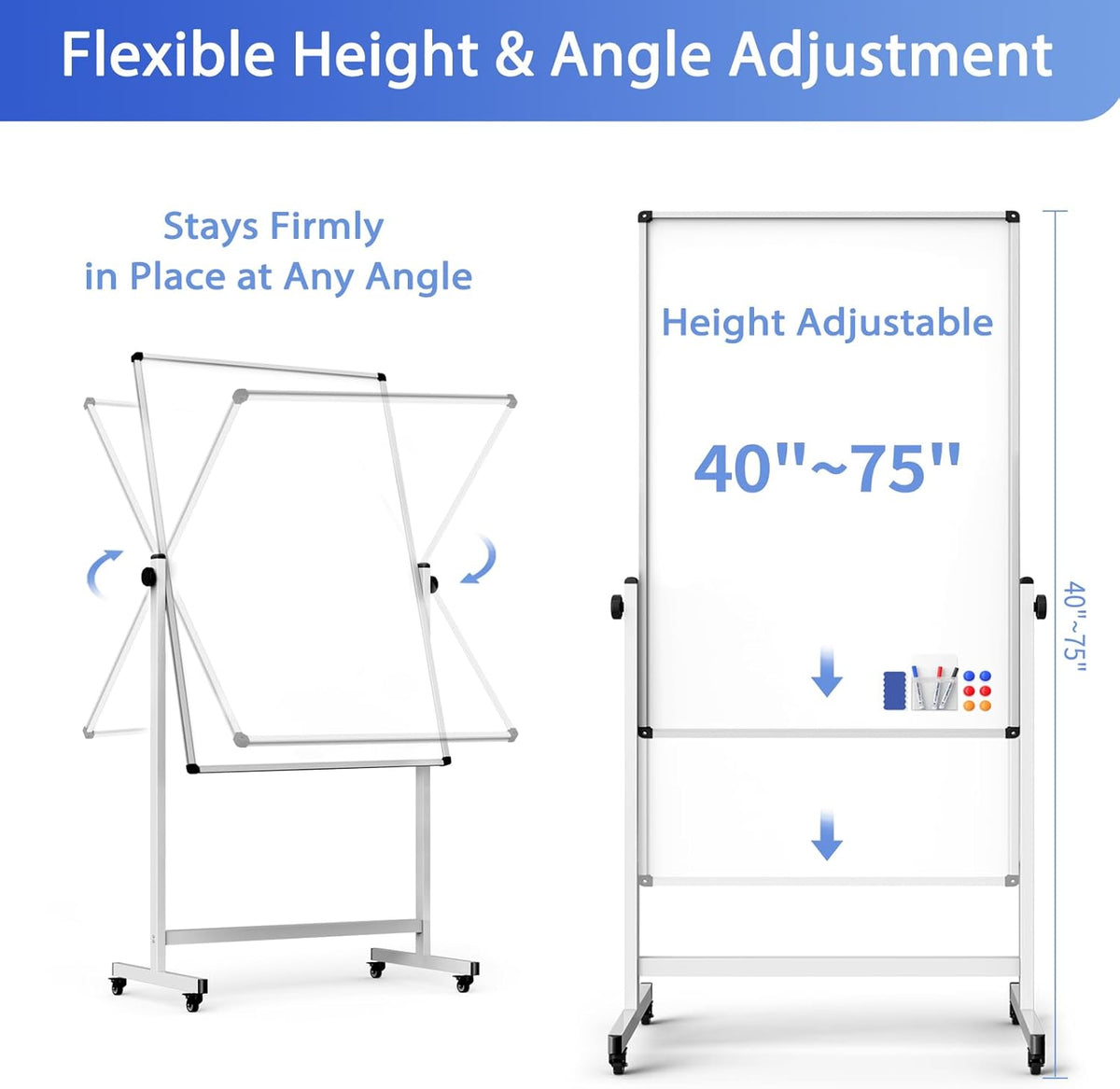 Rolling Whiteboard on Wheels, Double-Sided Magnetic Dry Erase Board with Stand, Mobile White Board for Office, Classroom, Home (28" x 40")