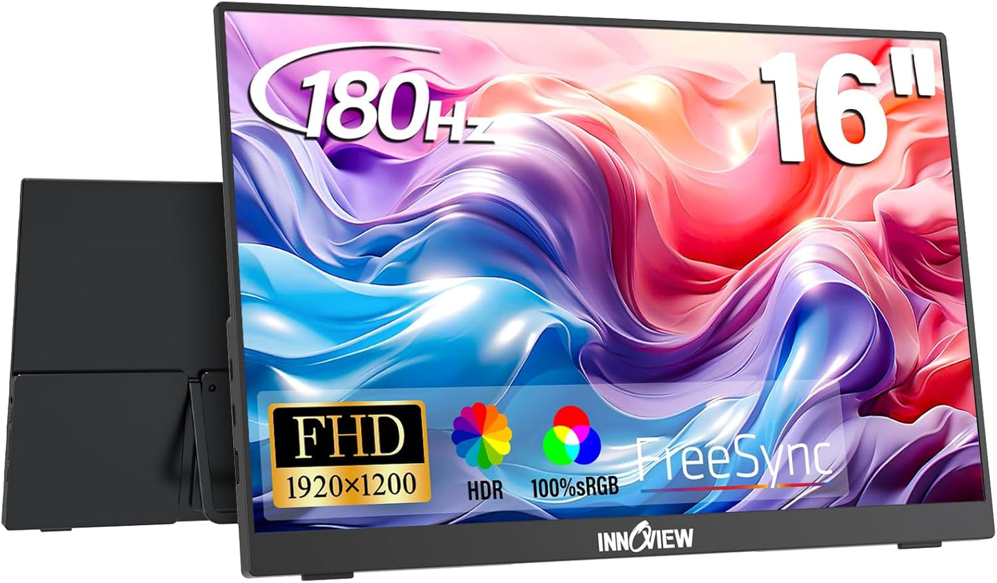 InnoView 16-inch 180Hz 100% sRGB Portable Monitor Built-in Speakers FHD1920×1200 Laptop Screen Extender | 2 x Type-C & HDMI 16:10 Portable Monitor Plug & Play for Macbook/Switch/PS5/Xbox