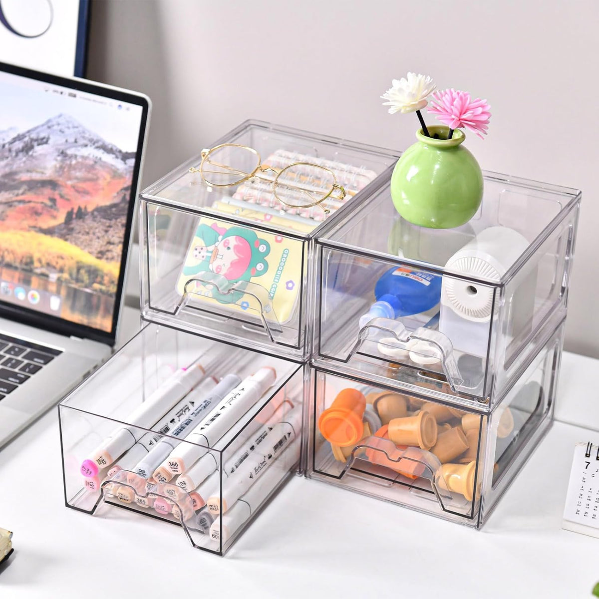 6 Pack Stackable Makeup Organizer, 4.4'' Tall Acrylic Bathroom Makeup Organizer and Storage Drawer with Pull-out Handle, Clear Plastic Storage Bins for Vanity,Pantry,Desk,Undersink,Kitchen