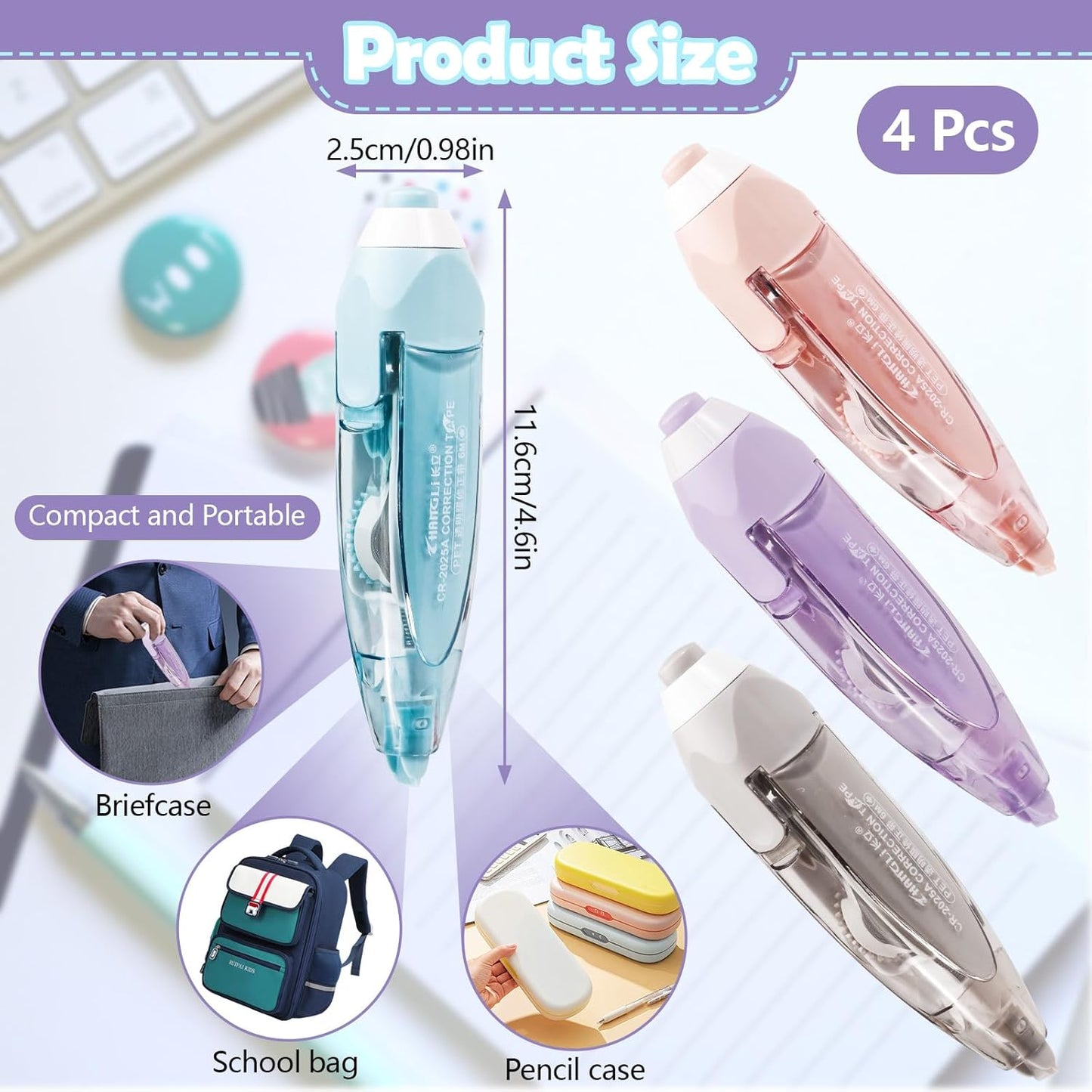 4 Pcs Refillable Retractable Correction Tape, Correction Tape Pen Easy to Use, Pen Shaped Applicator for Corrections Office School Supplies (4 Colors)