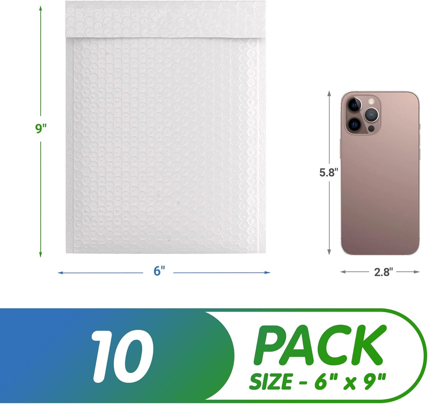 White Poly Bubble Mailers Self Seal, 6 x 9 Inch. Pack of 10 Bubble Packaging Envelopes for Shipping. Durable Padded Envelopes Waterproof. Self Seal Padded Mailers. Shipping Packages