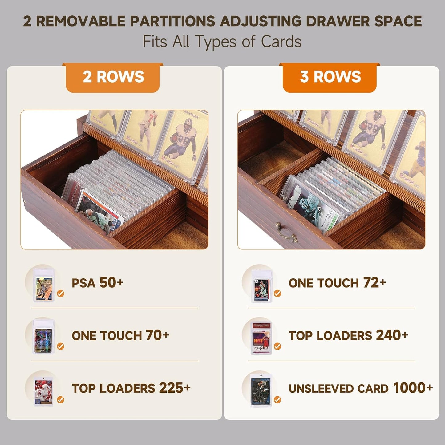Card Display Stand with Storage Cabinet – Wooden 3-Tier Baseball Card Display Stands for PSA Graded Cards – Trading Card Display Stand for Sports Card Collection & Organization