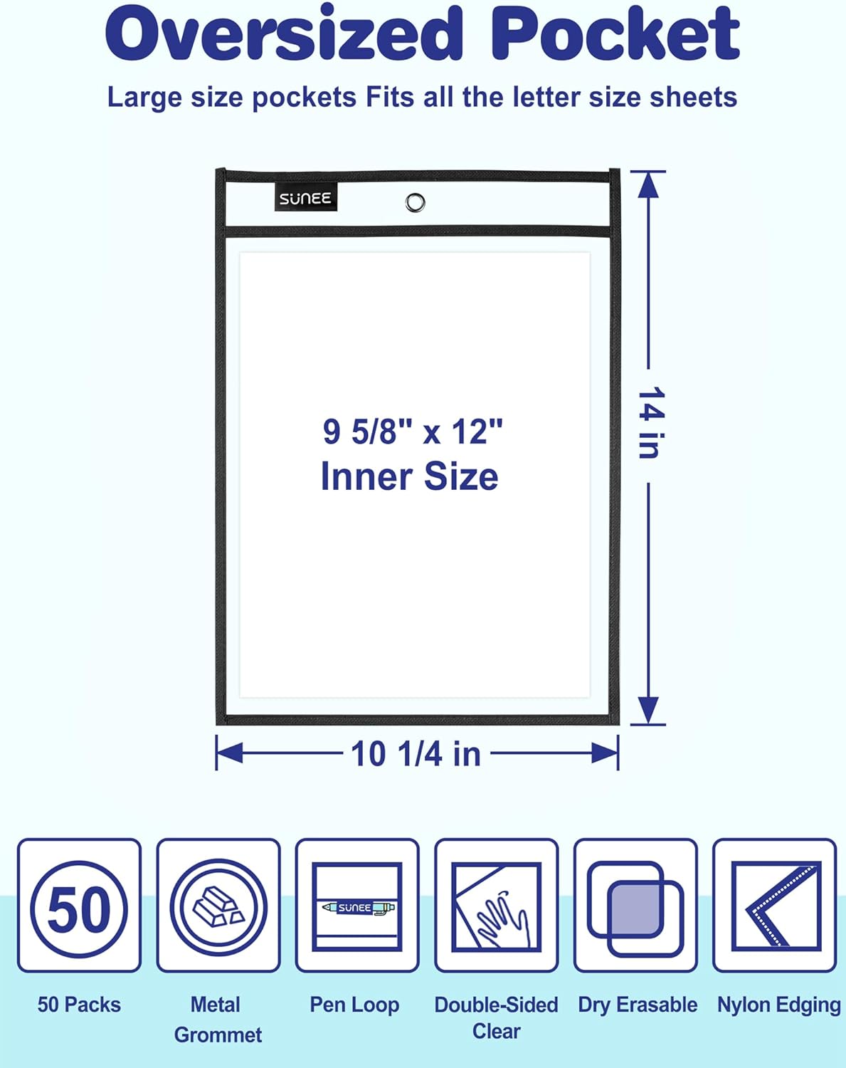 SUNEE 50 Packs Oversized Reusable Dry Erase Pocket Sleeves with 3 Rings, Black 10x14 Ticket Holders, Clear Plastic Sheet Protectors, Teacher School Classroom Supplies