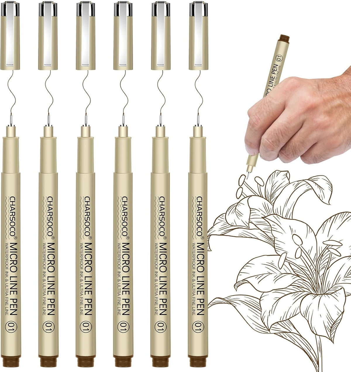 01 Micro Pen, 6 Pack Brown Fine Point Pen with Waterproof Archival Ink, 0.25mm Fineliner Ink Pens for Artist Illustration, Sketching, Anime, Manga, Technical Drawing and Scrapbooking