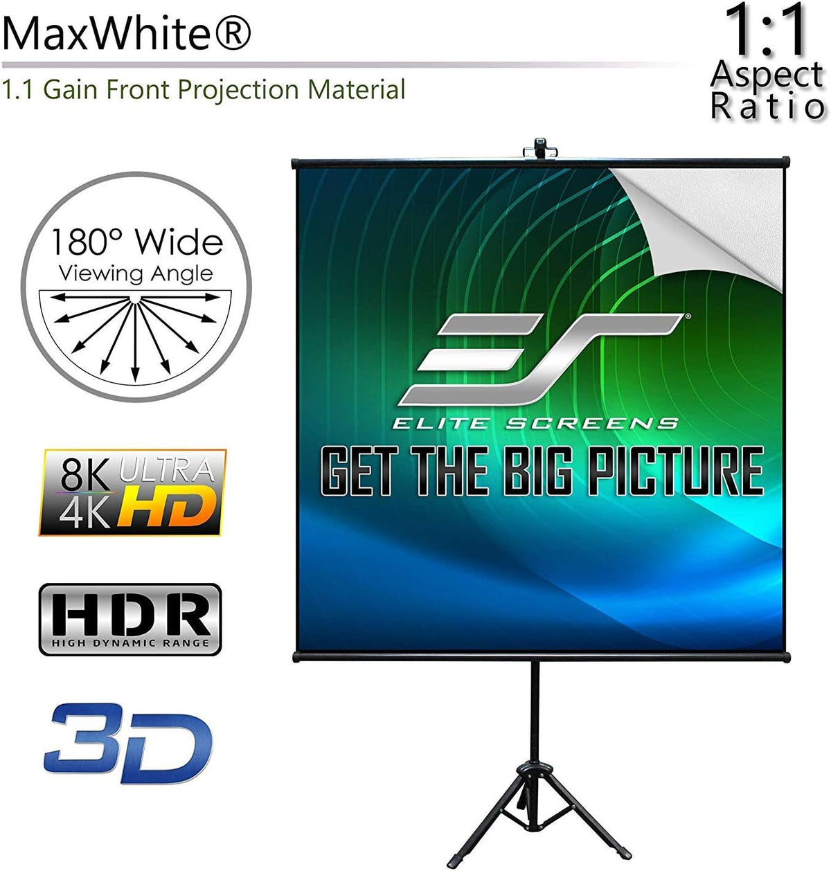 Elite Screens Tripod Lite Wall Series, 2in1 Portable Projector Screen Dual Tripod Stand/Wall Mount Indoor/Outdoor 50-INCH, 1:1 w/Carrying Bag, US Based Company 2-Year Warranty - T50SW, Black