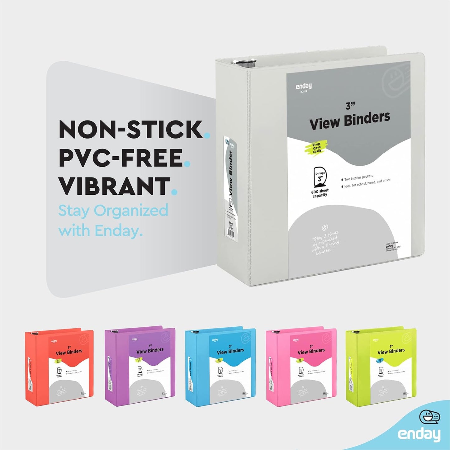 3 Slant D-Ring Binder 3 Inch Grey, 3 in Clear View Cover with 2 Inside Pockets Binder, Heavy Duty Colored School Supplies Binders,Also Available in Green, Red, Purple, Blue, Pink (24 PC) – by Enday