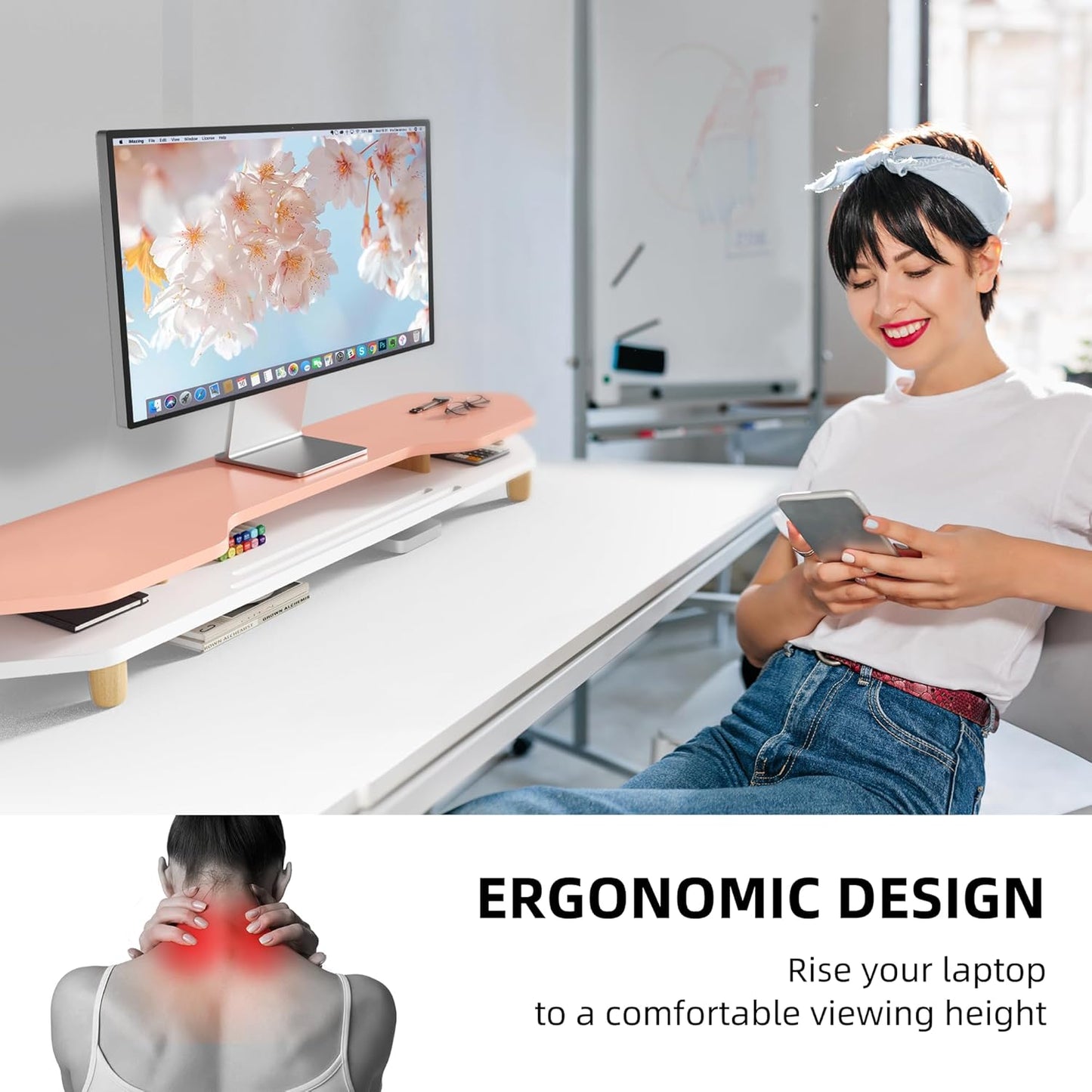 2 Tier Dual Monitor Stand Riser,Wider Board Computer Monitor Stand for 2 Monitors,Slot For Phone/Tablet Office Desktop Organizer for Laptop,PC,Computer,Printer,Pink