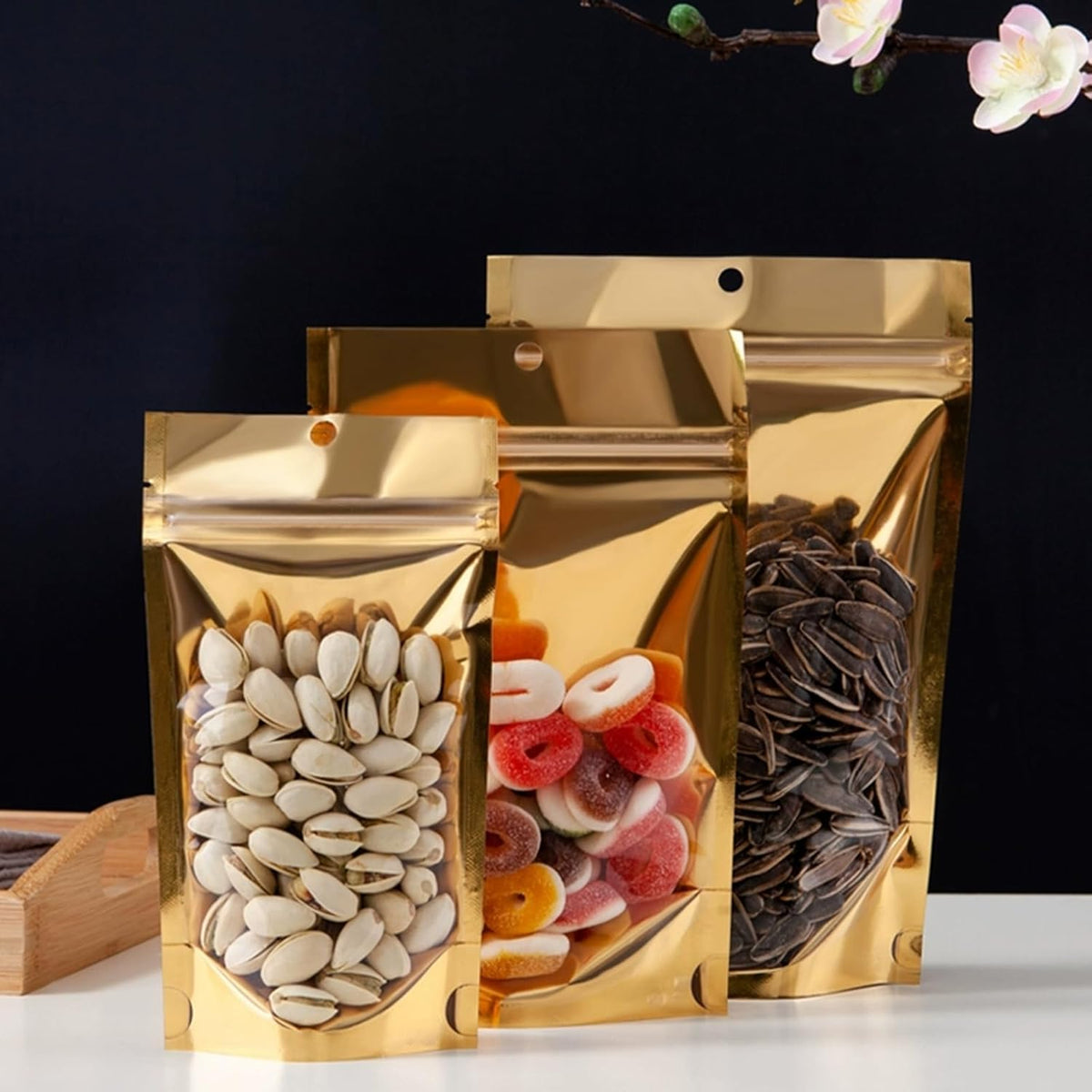 200 Pcs Mylar Bags for Food Storage, 7x10 Mylar Bag with Window Stand Up, Bulk Holographic Resealable Bags Smell Proof Bag Food Packaging for Small Business Freeze Dried Candy Jewelry Foil Packaging
