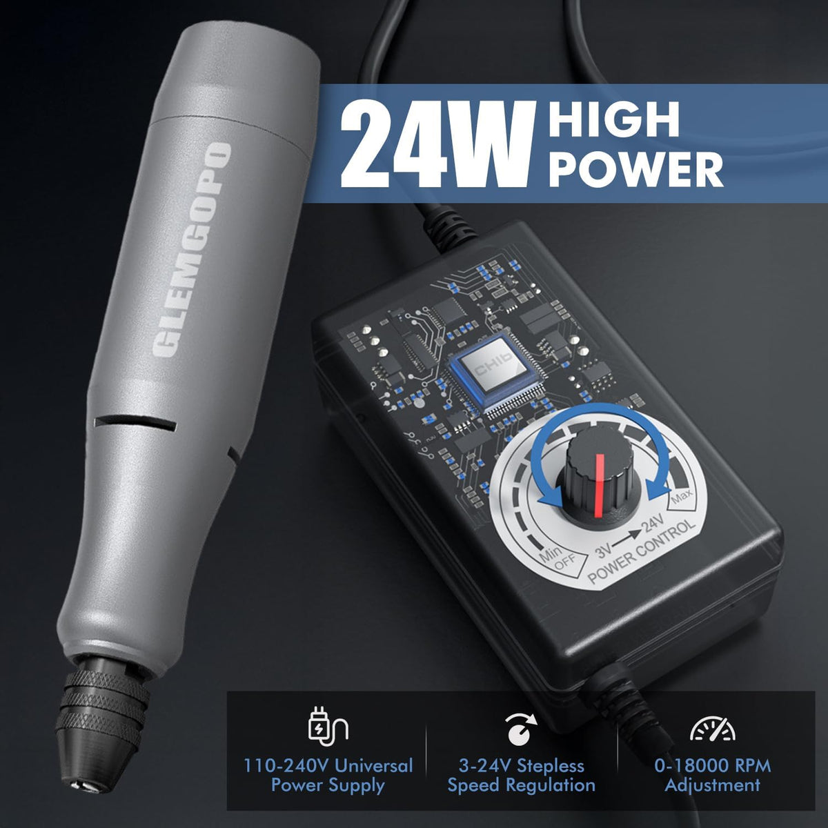 Mini Rotary Tool Kit with Copper Core Motor & 86 Accessories, Variable Speed 0-18,000 RPM, 3-24V Regulated Power for Engraving, Sanding, Polishing, Drilling, DIY Crafts