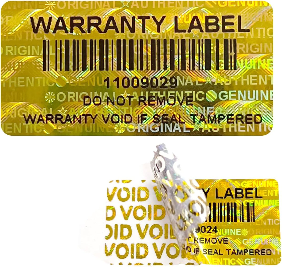 650pcs Hologram Tamper Evident Proof Stickers with Barcode,Security Labels Genuine Warranty Void Seal with Unique Serial Number(1.2 X 0.6 Inch Gold)