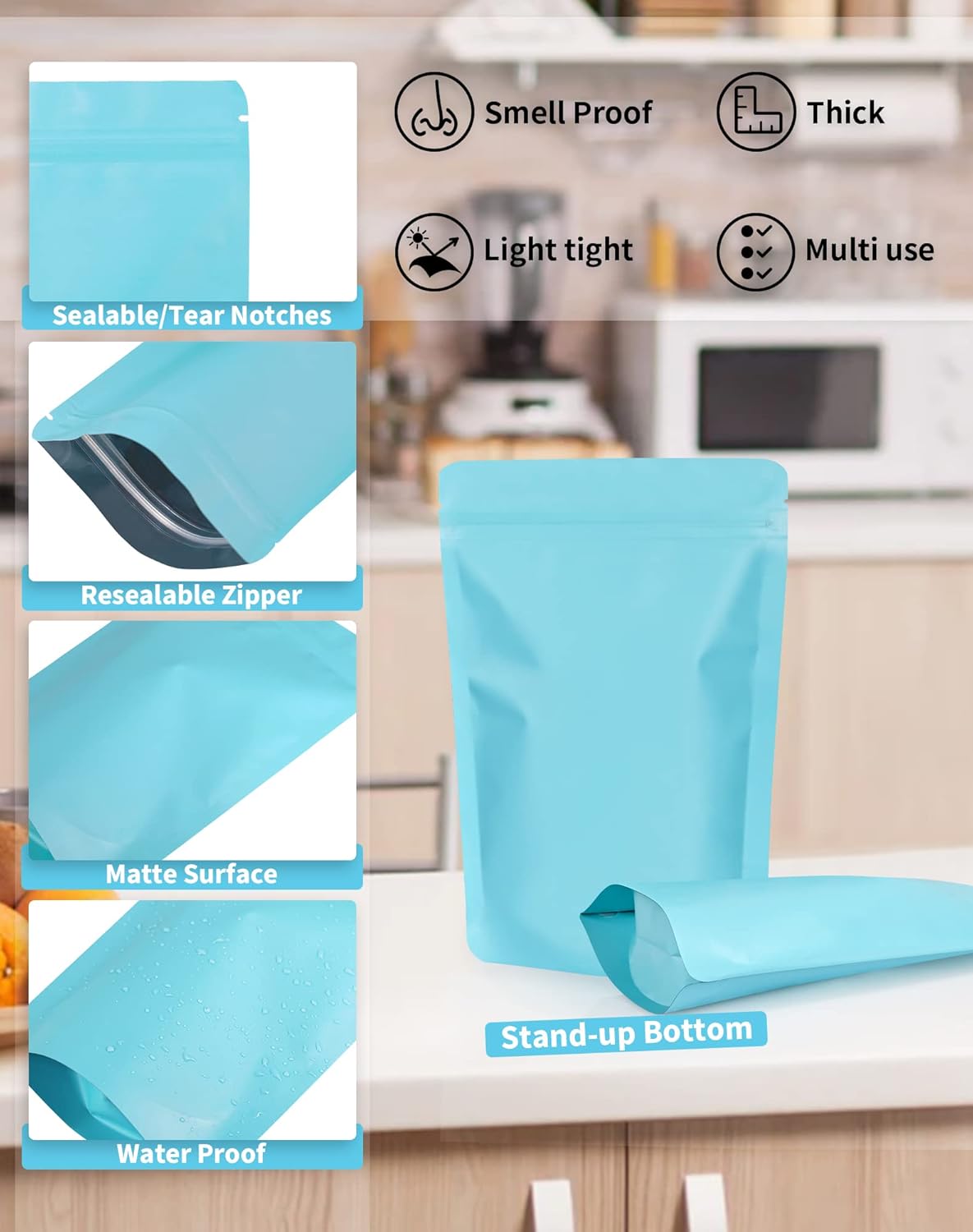 100 Pack Resealable Stand Up Bags,7.1" x 10.2" Smell Proof Pouch Sealable Foil Pouch Bags for Packaging (Blue)
