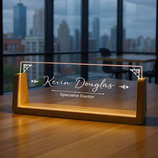 Custom Name Plate for Desk with Light Up Acrylic & Wooden Base - Personalized Office Sign for Teacher, Boss, Coworker - Employee Appreciation Gift for Educators Professionals