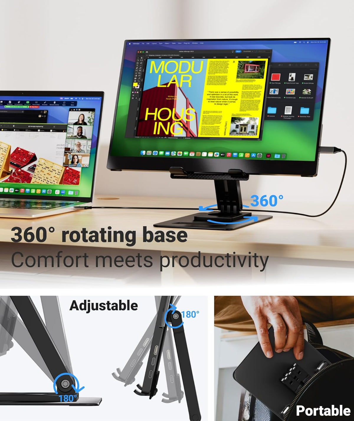 Portable Monitor, Ultra Slim 15.6 Inch FHD IPS Laptop Screen Extender with Adjustable Stand, USB C Compatible, Ideal for Travel and Office