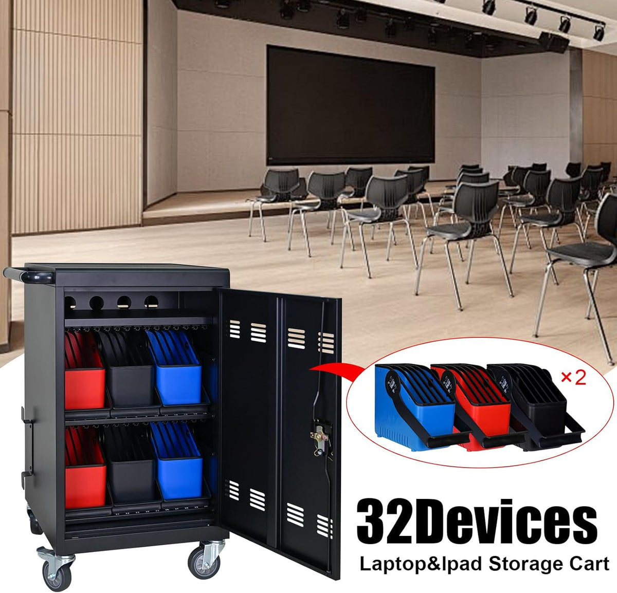 32 Device Charging Cart for Laptops and Tablets Up to 16.3-inch, Mobile Charging Station, Secure Storage and Cable Management, Mobile Charging Cabinet for Ipads, Chromebooks, Black