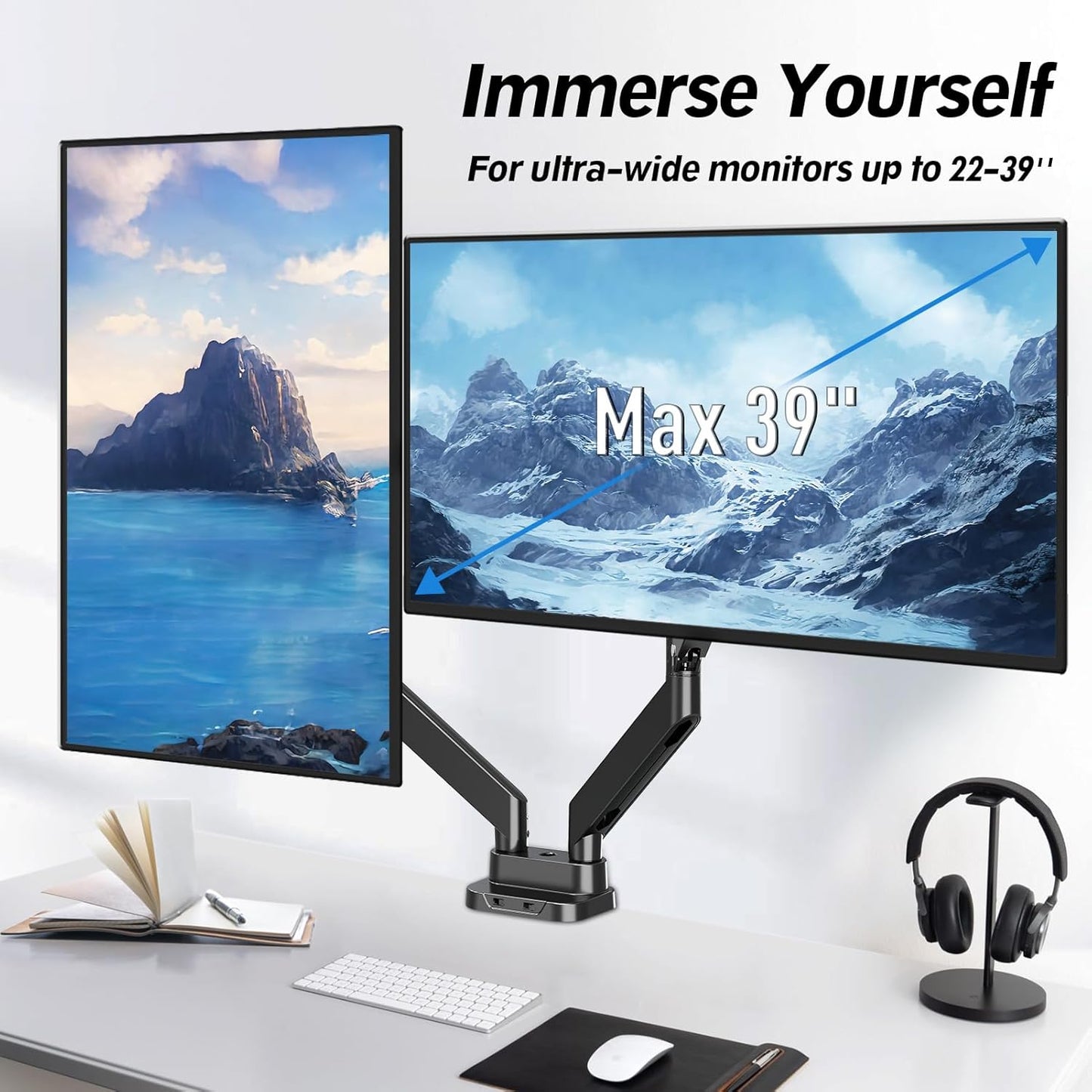 MOUNTUP Dual Monitor Mount Fits Max 39'' Screen, Ultrawide Dual Monitor Desk Mount Hold 4.4-33 lbs, Adjustable Gas Spring Double Monitor Arms, Computer Monitors Stand with USB, VESA Monitors Bracket