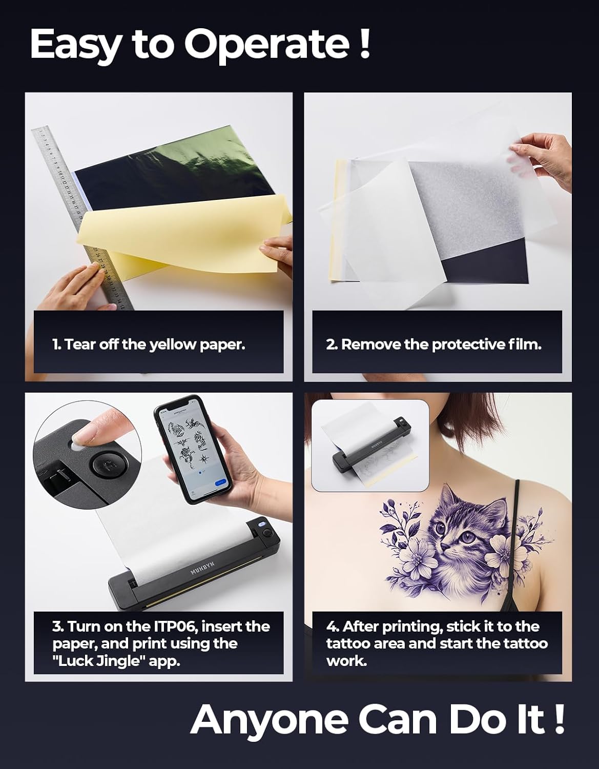 MUNBYN Tattoo Stencil Printer ITP06, 300DPI Wireless Thermal Tattoo Printer with 20 Transfer Papers, Tattoo Printers Compatible with Smartphone & PC for Tattoo Artists & Beginners