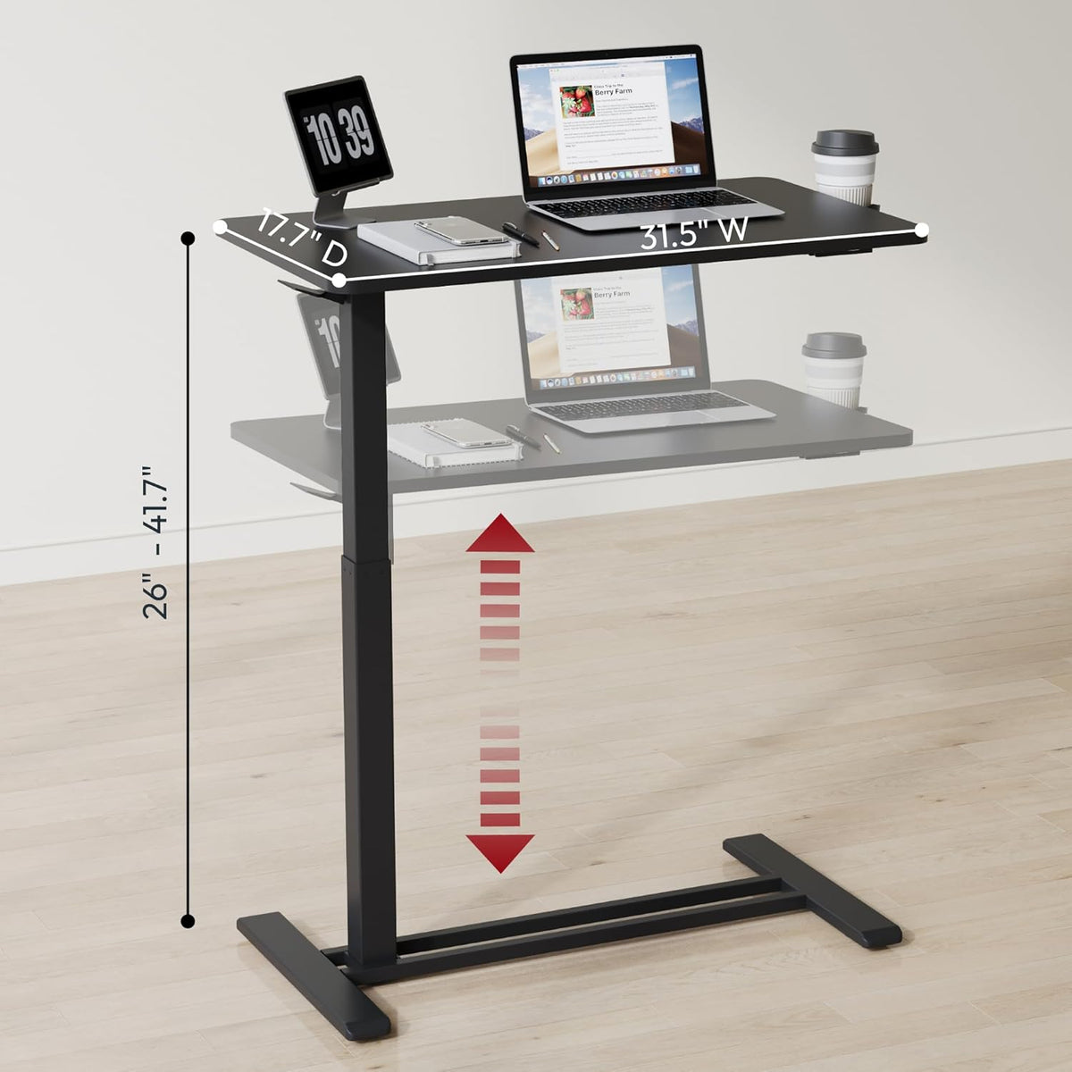 SANODESK Mobile Standing Desk with Hidden Wheels,Pneumatic Laptop Desk Rolling Computer Cart Movable Height Adjustable Small Sit Stand Desk for Home Office(31.5" W x 17.7" D, Black)
