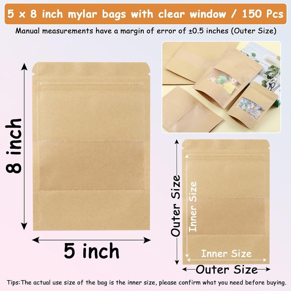 150 Kraft Mylar Bags for Food Storage 5X8 Mylar Bags with Window Candy Packaging Resealable Bags Reclosable Small Stand Up Pouches Edible Packaging, Kraft Paper Bags for Small Business