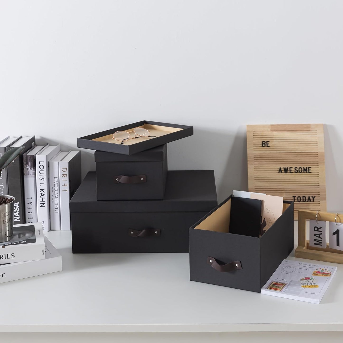 Soul & Lane Decorative Storage Boxes with Lids - Set of 3 (One Large and Two Medium), Sturdy Cardboard Organizers for Photos, Versatile Boxes with Handles for Office & Home, Dark Gray