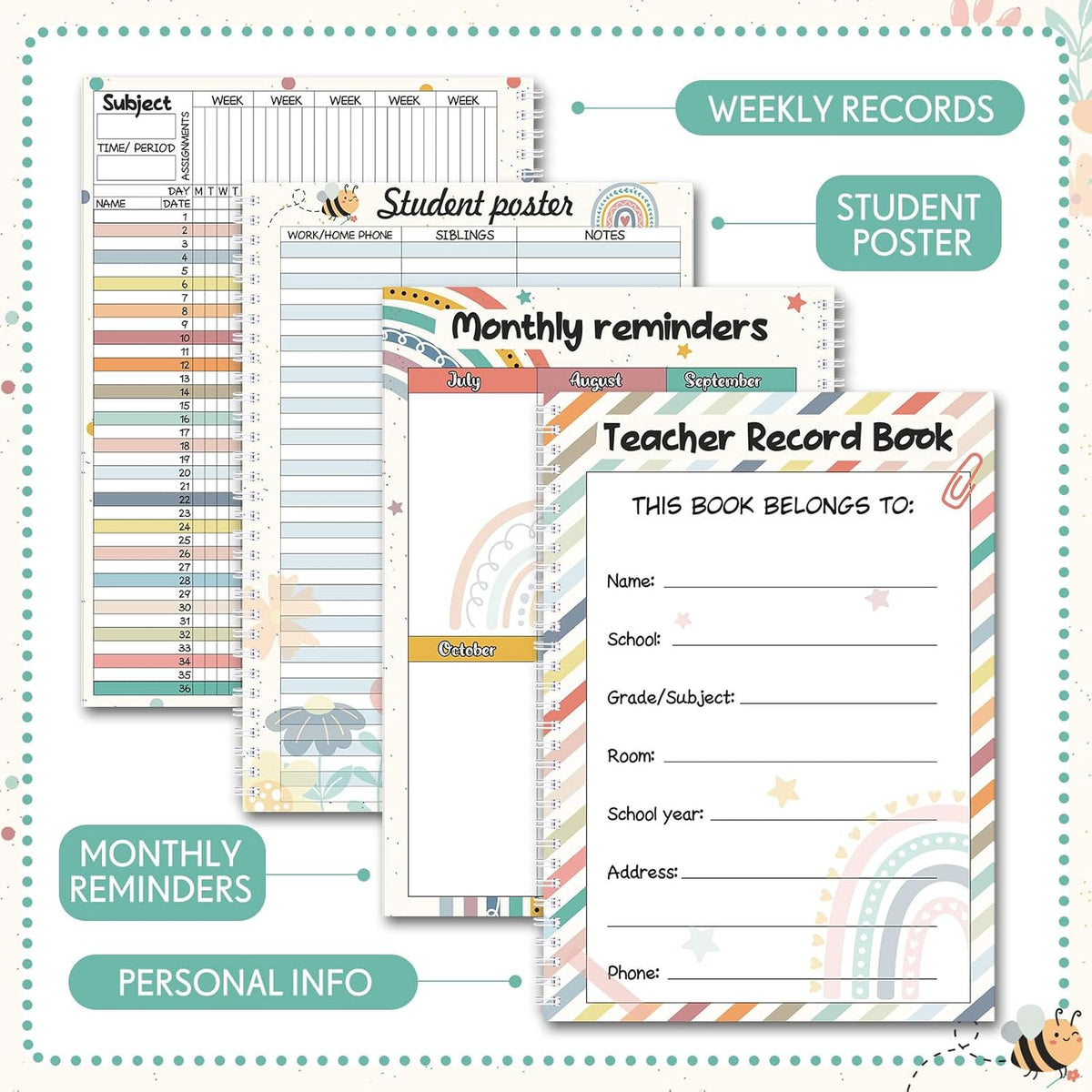 Teacher Record Book Teacher Grade Book Spiral Bound Record Class Gradebook Office Favors Gift for Classroom Attendance Supplies Decoration Double Sided Color Printing(Boho)