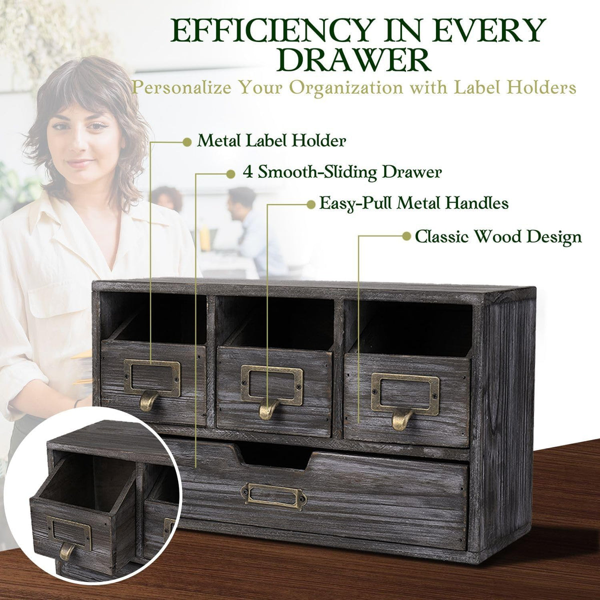 Flexzion Apothecary Cabinet with 4 Drawers - Vintage Rustic Wood Desktop Organizer for Home & Office Supplies - Tabletop Wooden Storage for Catalog, Card, Jewelry, Makeup, Craft & Tools