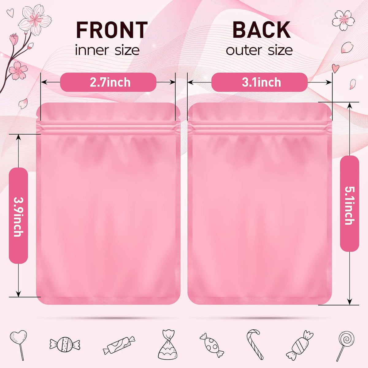 Funfery 100 Pack Pink Mylar Packaging Bags Resealable Bags Double Sided Color Odor Proof Pouch Baggies Smell Proof Foil Bag for Food Storage,Small Business(Pink,3.1x5.1inch)