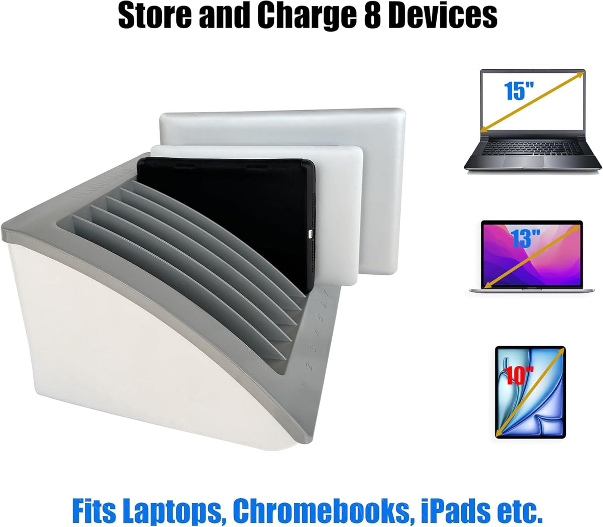6-Pack | 8-Device Laptop & Tablet Charging Station for Multiple Laptops - Chromebook Organizer for Classroom & Office - Fits up to 15.6'' Screensize and 1.375'' Thick