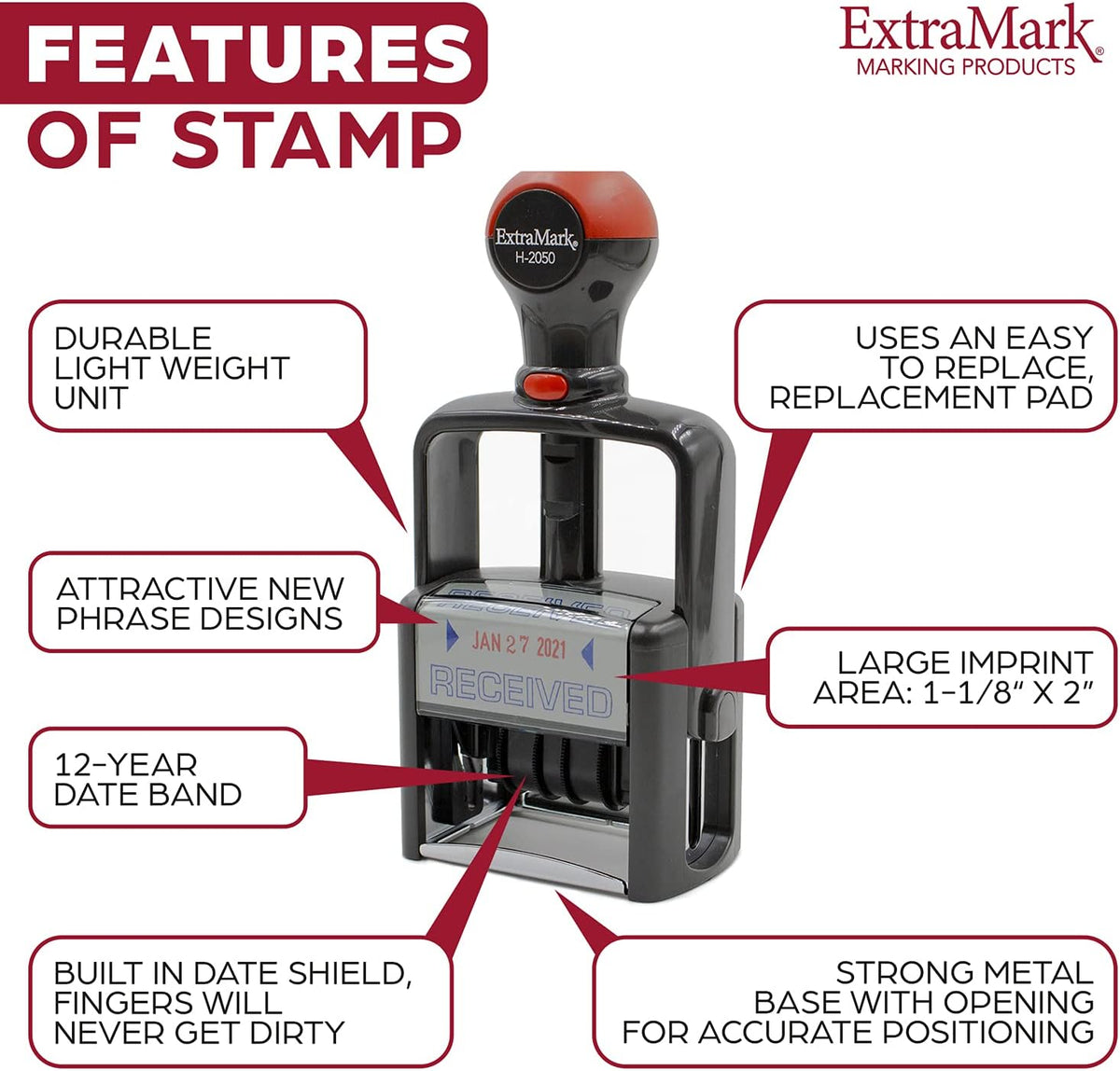 Heavy Duty Style Office Date Stamp with Due by: - Self Inking Dater - Style C - Blue Ink Color