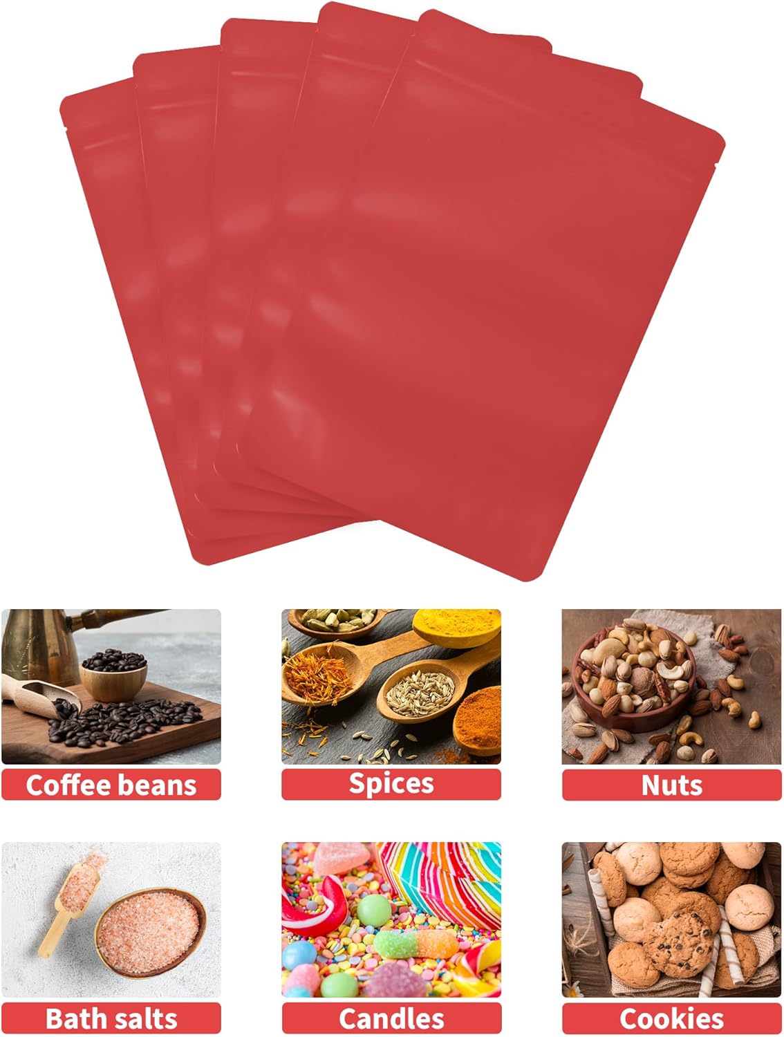 100 Pack Resealable Stand Up Bags,5.5" x 8.6" Smell Proof Pouch Sealable Foil Pouch Bags for Packaging (Red)