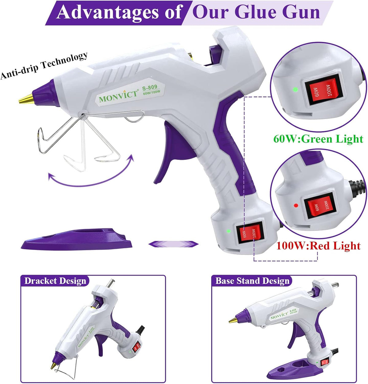 Full Size Hot Glue Gun, MONVICT Dual Temp Glue Gun 60/100W Base Stand Heavy Duty Melt Glue Gun Kit with 15 Pcs Glue Sticks & 3 Finger Protectors for Sealing Wax, Quick Repairs, DIY, Art & Crafts