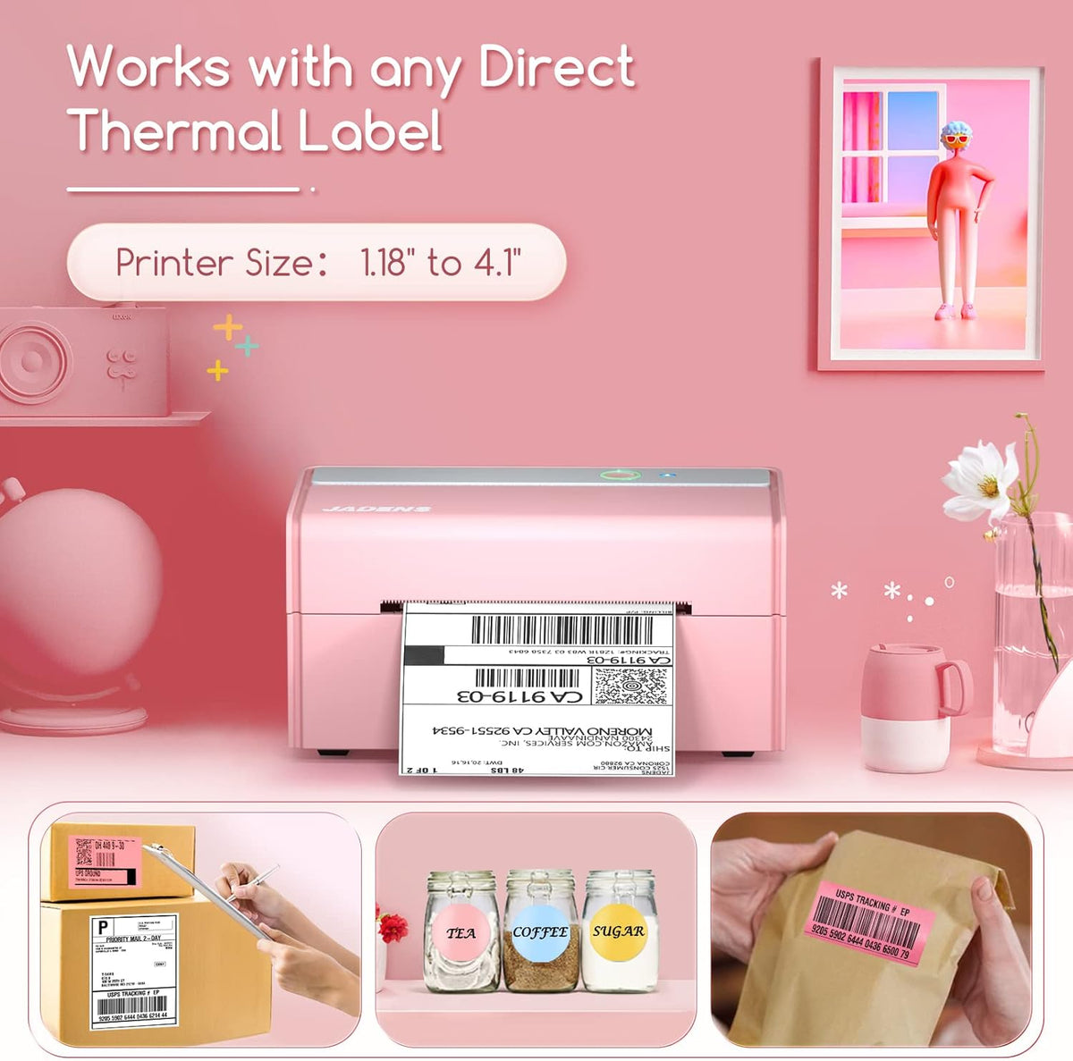 JADENS Bluetooth Thermal Label Printer -Wireless Shipping Label Printer for Small Business & Package, USPS, Etsy, Amazon, Compatible with iPhone, iPad, Mac, Windows, Android, 4x6, Label Maker, Pink
