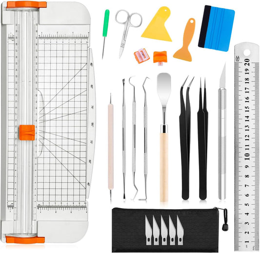 Famomatk 23PCS Weeding Tools for Vinyl, Craft Weeding Tools Set with 12Inch Paper Cutter and Trimmer for Scrapbooking,Silhouettes,Cameos,Lettering,Cutting,Craft Paper, Labels and Cardstock(White)