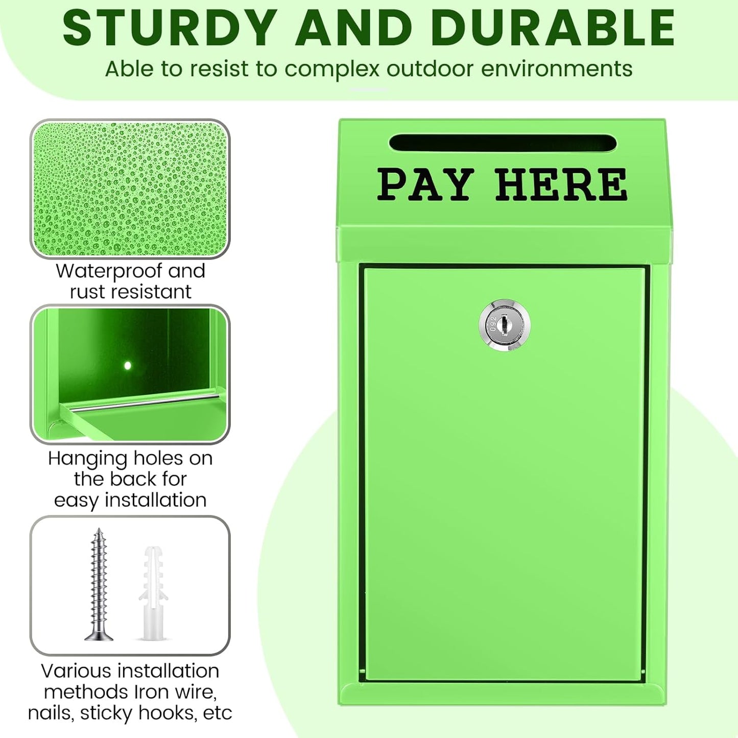 Safe Cash Box Money Collection Metal Donation Box with Lock Wall Mount Pre Drilled Mailbox Delivery Ballot for Home Office Outdoor Self Serve Stand (Grass Green,10.2 x 5.7 x 2.8 Inch)