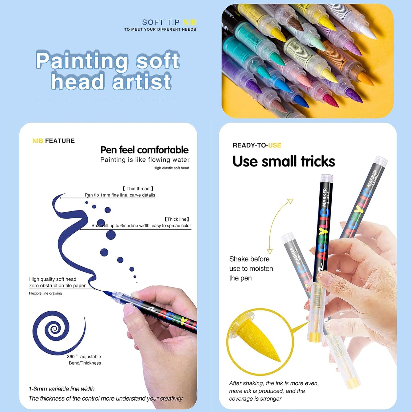Acrylic Paint Pens, Soft Brush Tip Markers, Ideal for Canvas, Rock, Wood, Stone, Glass, Ceramic, Fabric Painting, DIY Crafts (12 Pcs White)