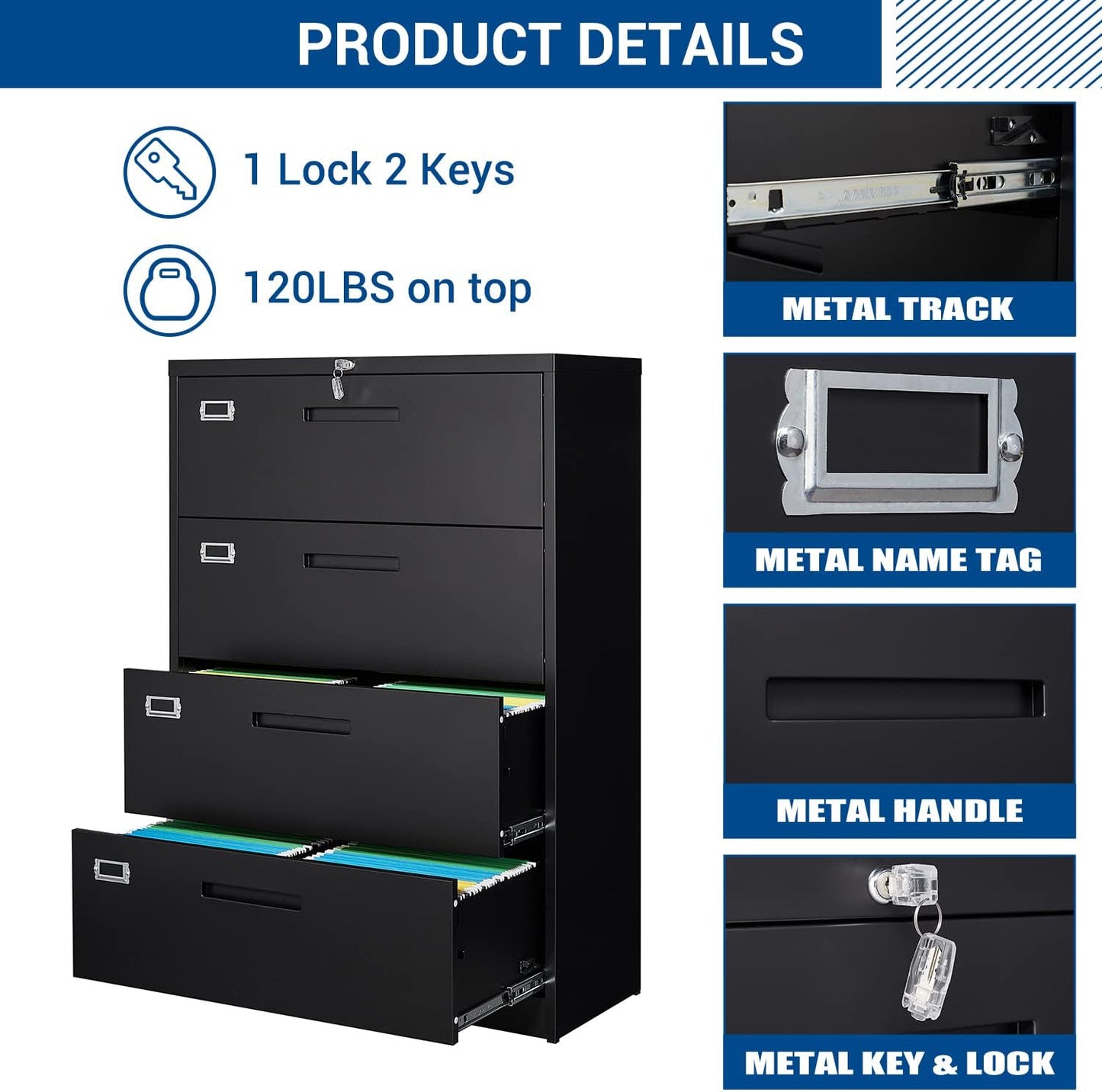Lateral File Cabinet with Lock, 4 Drawer Large Metal Filing Cabinet,Home Office Lockable Storage Cabinet for Hanging Files Letter/Legal/F4/A4 Size-Assembly Required