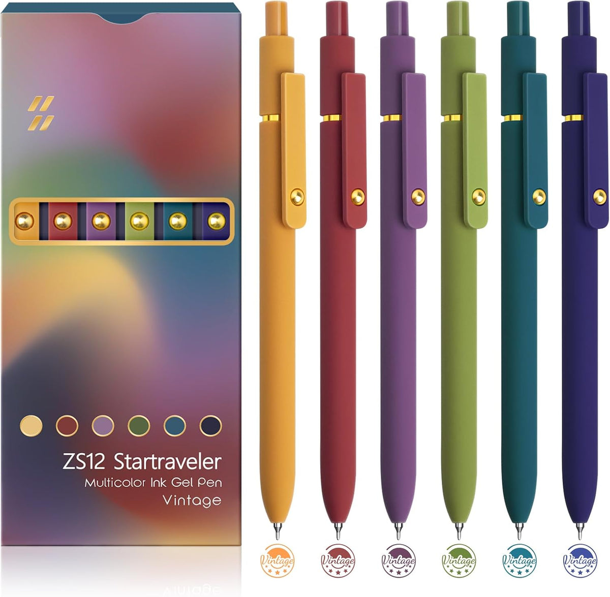 6 Pcs Color Pens for Journaling 0.5mm Fine Point Colored Gel Ink Pen, Smooth Writing Colorful Pens for Note Taking, Gift Set for Women & Men (6 Pcs Vintage Gold)