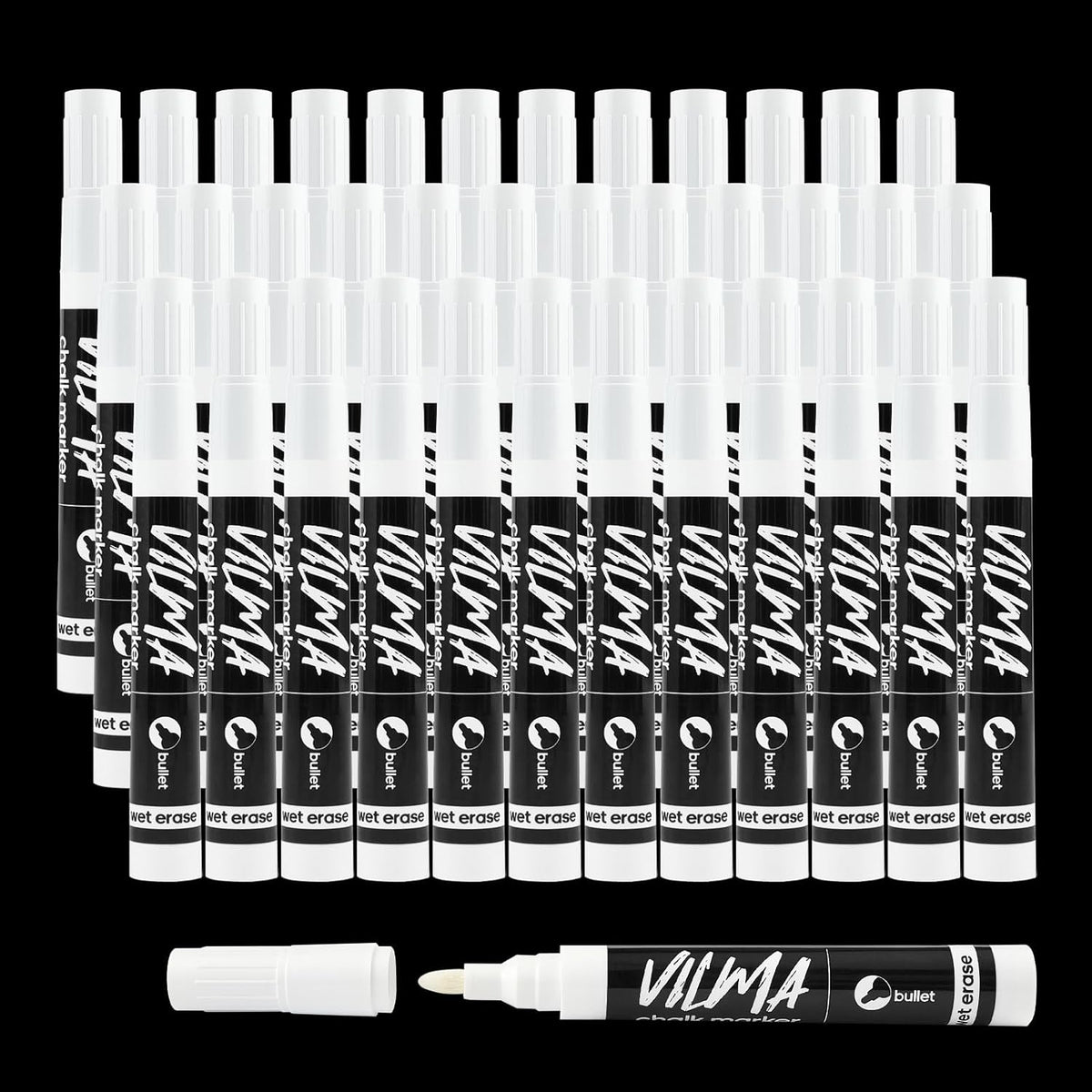 VILMA White Liquid Chalk Markers 36 Pack Chalk Pens for Blackboard, Chalkboard, Windows, Glass, LED Board, Bistro Signs – Erasable Water-Based Ink Ideal for Teachers, Artists & DIY Projects