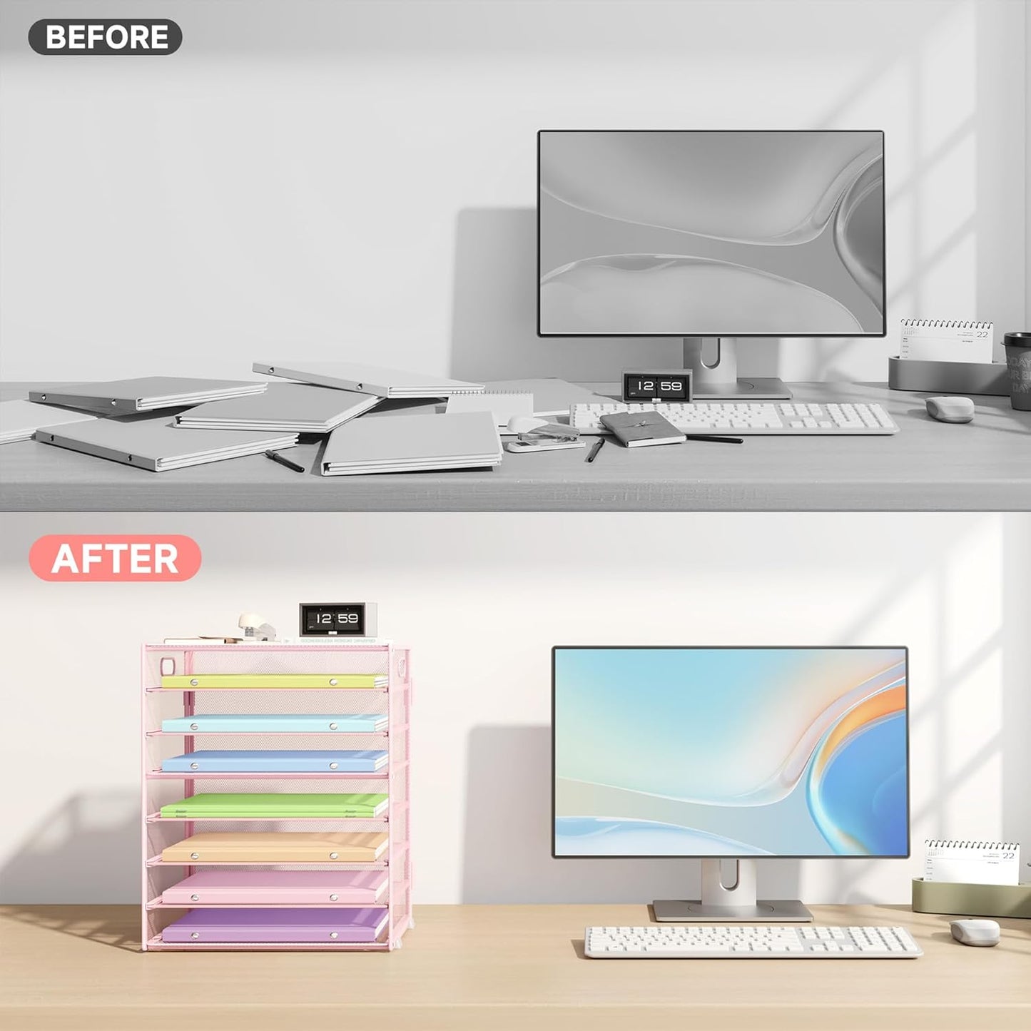 8 Tier Paper Organizer with Handle, Metal Mesh Desk File Organizer, Large Capacity Desk Organizers Paper Letter Tray Desktop Document Sorter for Office, Home or School - Pink