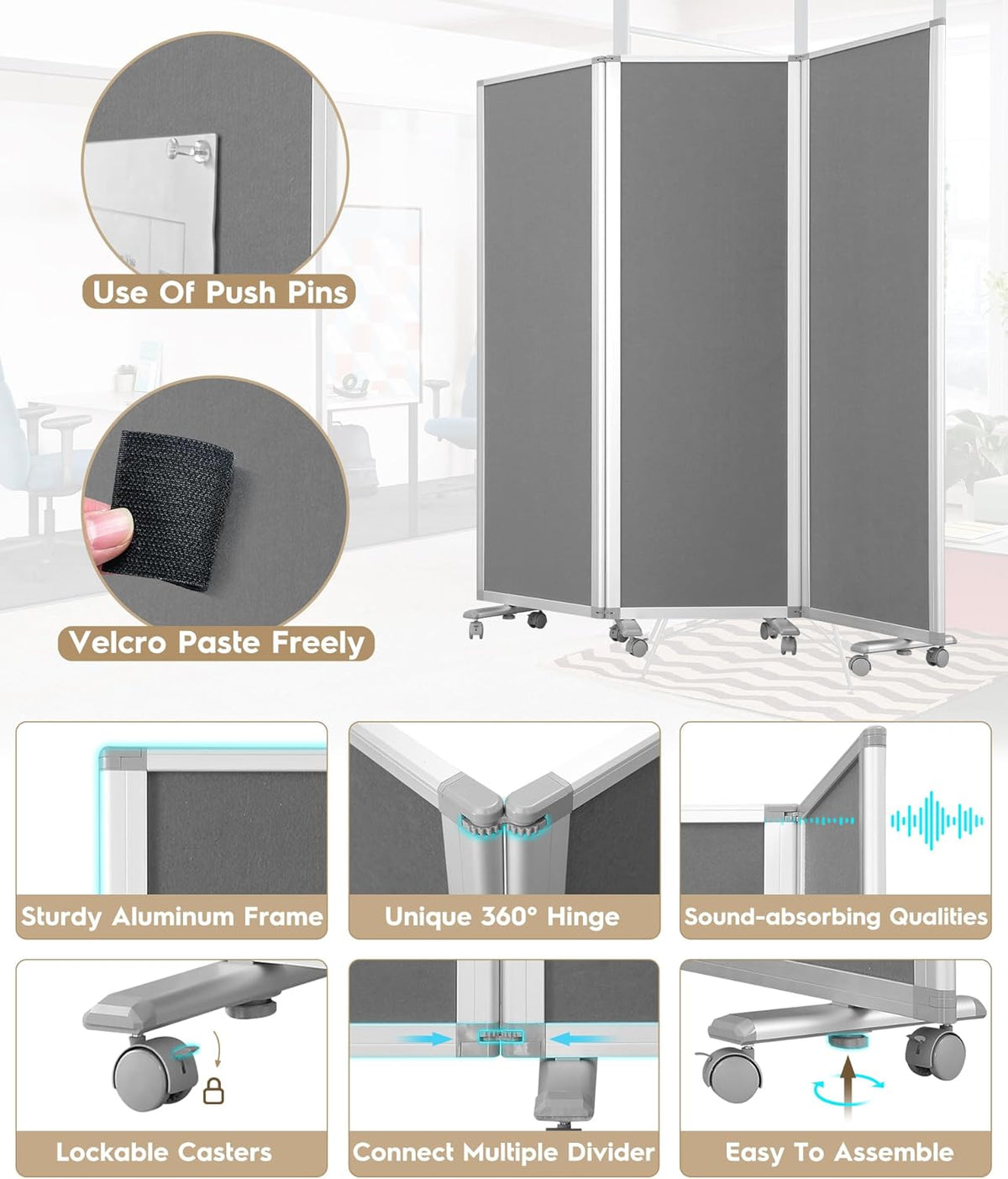 Flodable Wall Partition Sliding Office Dividers Workstation Privacy Panels Freestanding Rolling Screen,Grey Fabric,71" H x 24" W,Locking Wheel