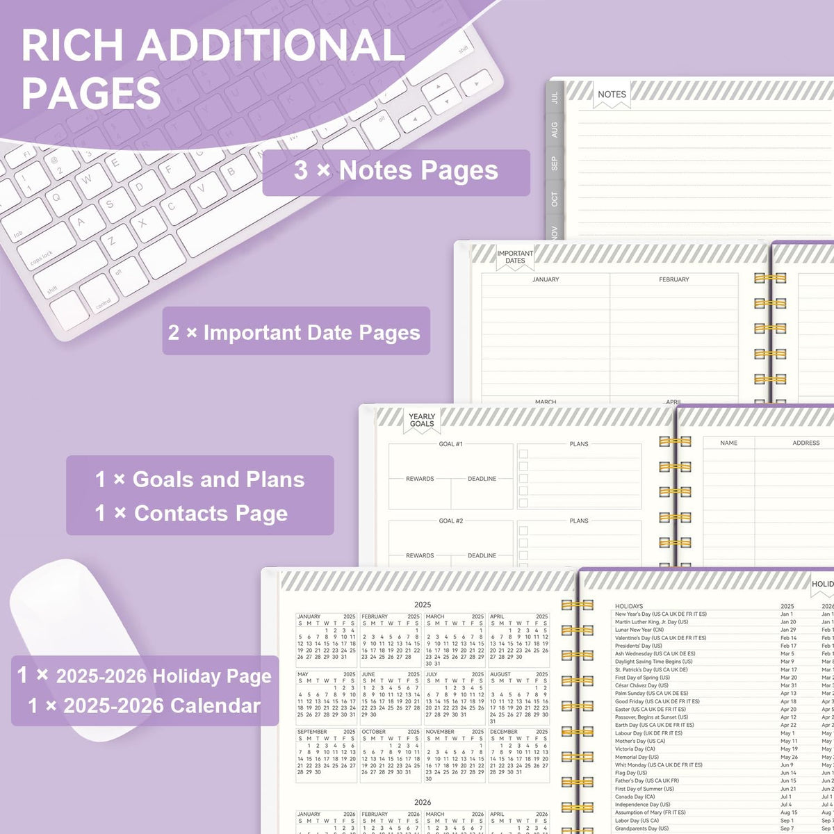 Planner 2025-2026, Academic Planners for Teacher & Student, AIMPEAK Weekly & Monthly Calendar Planner for Women, Daily Planners run from Jul.2025 - Jun.2026, Monthly Tabs, Spiral Binding, Purple Garland, 5.5"x8.5"