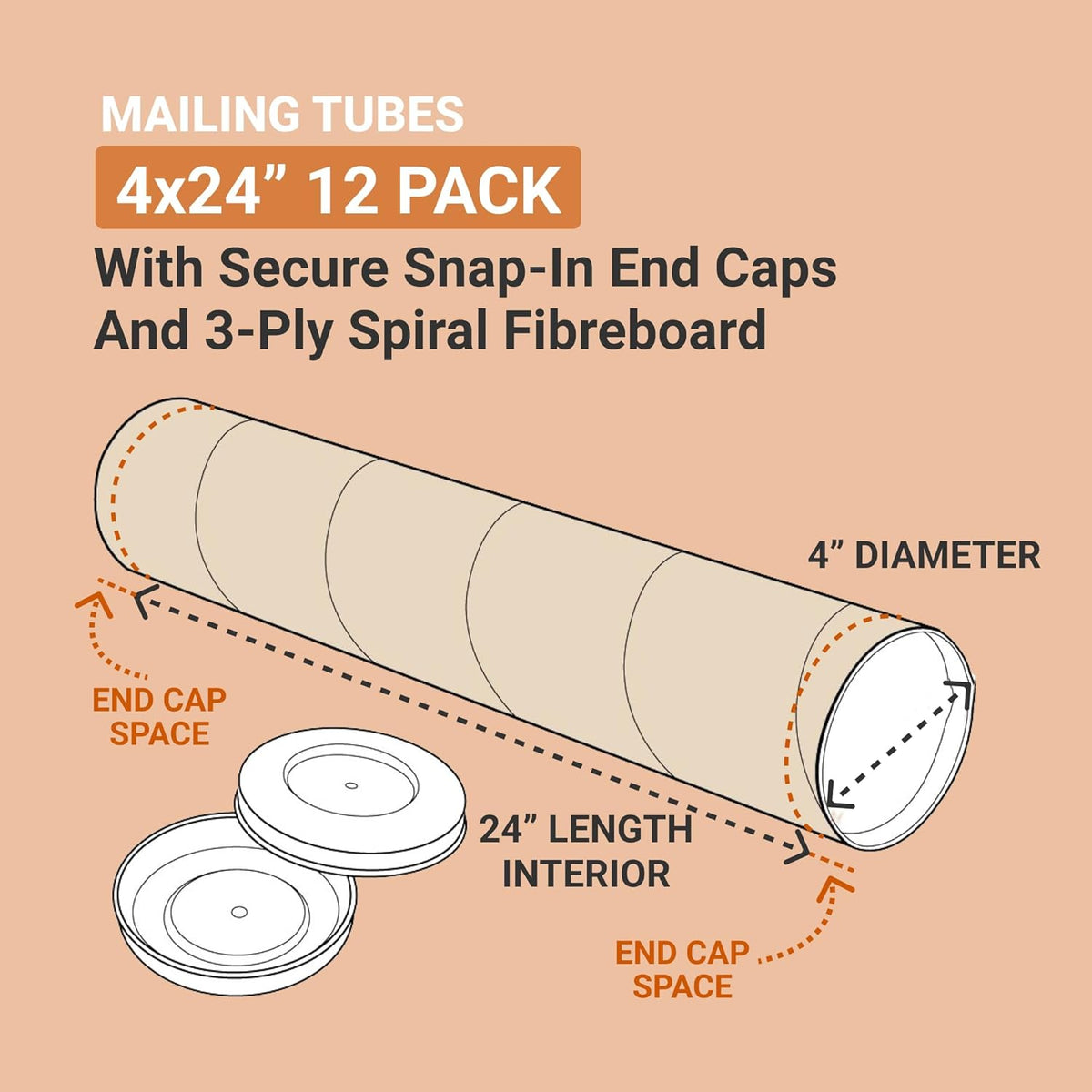 AVIDITI Cardboard Tubes with Caps, 24"L x 4"W x 4"H, Pack of 12 | Poster Tube for Mailing and Storage of Blueprints, Artwork, Crafts, Long Art Holder, 24 inches