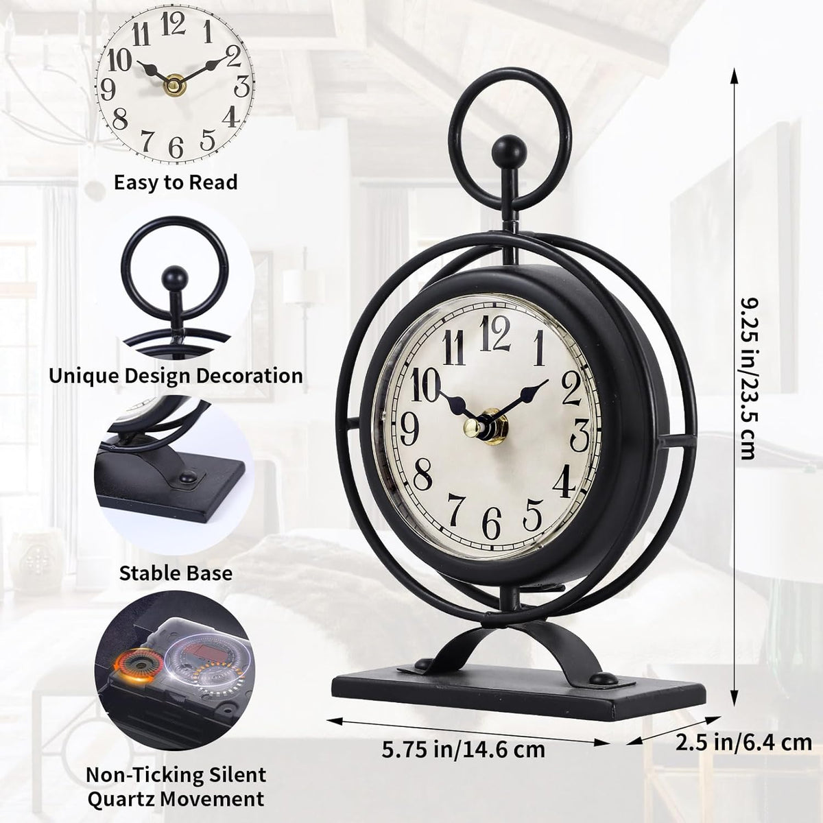 Small Vintage Metal Desk Clock, Decorative Table Clock for Living Room, Silent Mantel Clocks Farmhouse Shelf Decor Battery Operated, 9.5" Black