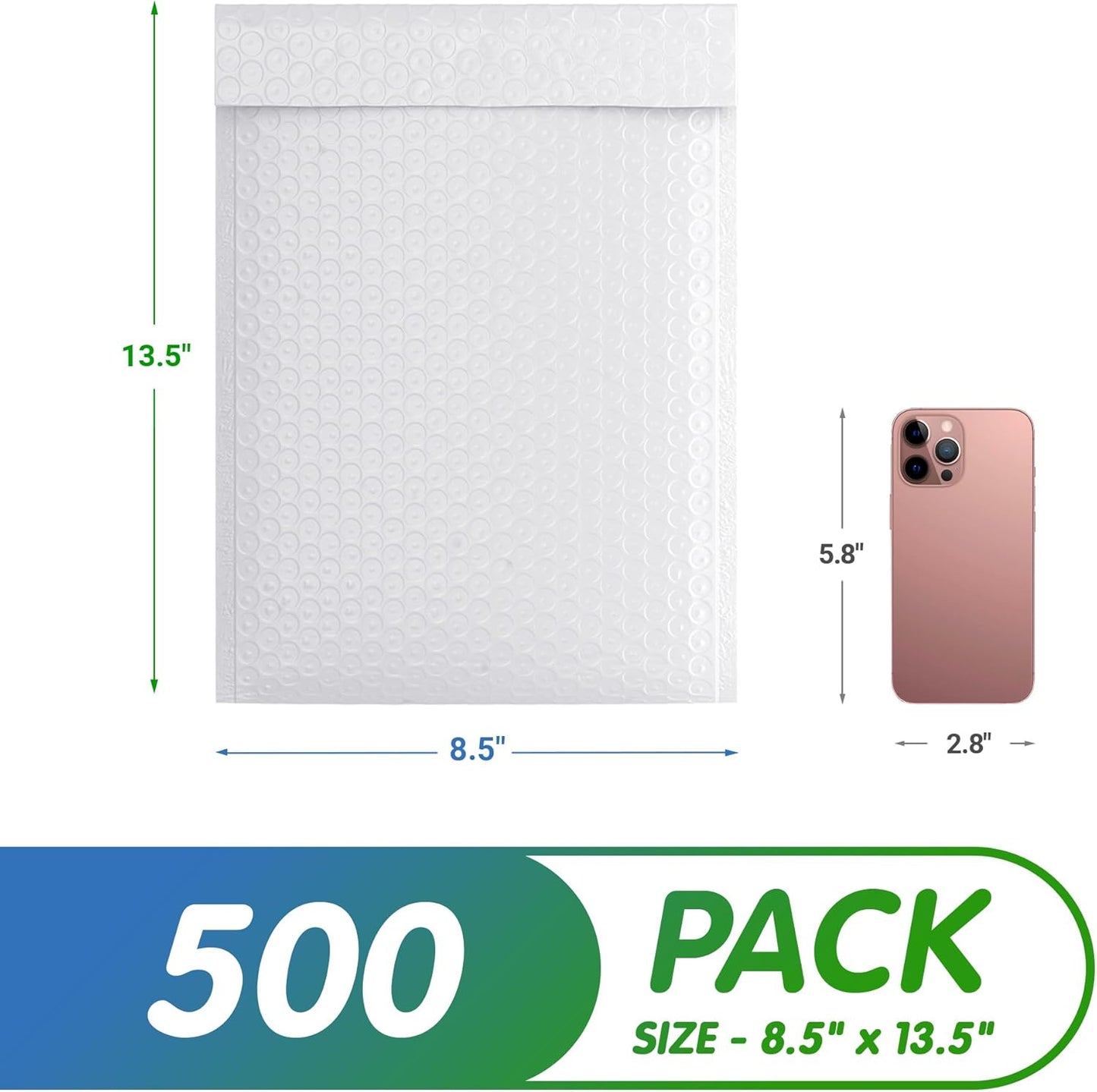 White Poly Bubble Mailers Self Seal, 8.5 x 13.5 Inch. Pack of 500 Bubble Packaging Envelopes for Shipping. Durable Padded Envelopes Waterproof. Self Seal Padded Mailers. Shipping Packages