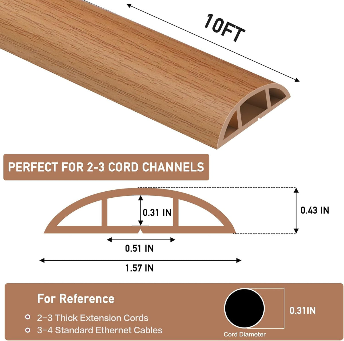 Floor Cord Cover Self Adhesive Cord Hider Floor Extension Cord Covers for Floor Power Cord Protector Cable Management Prevent Cable Trips Cable Cavity 0.51" W x 0.31" H (Light Brown Wood, 10Ft)