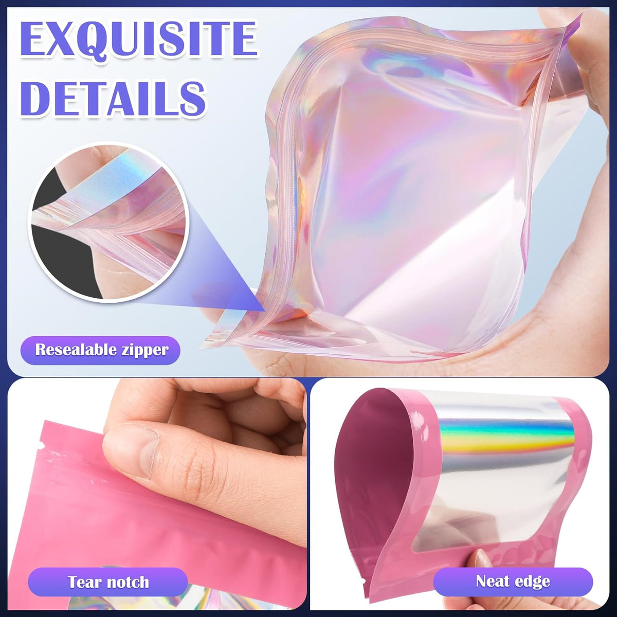 300 Pcs Mylar Bags, Smell Proof Bags Foil Pouch, Holographic Resealable Bags for Small Business, Candy Sample Jewelry Bag Sealable Packaging for Party Favor Food Storage (3x5in-Pink)