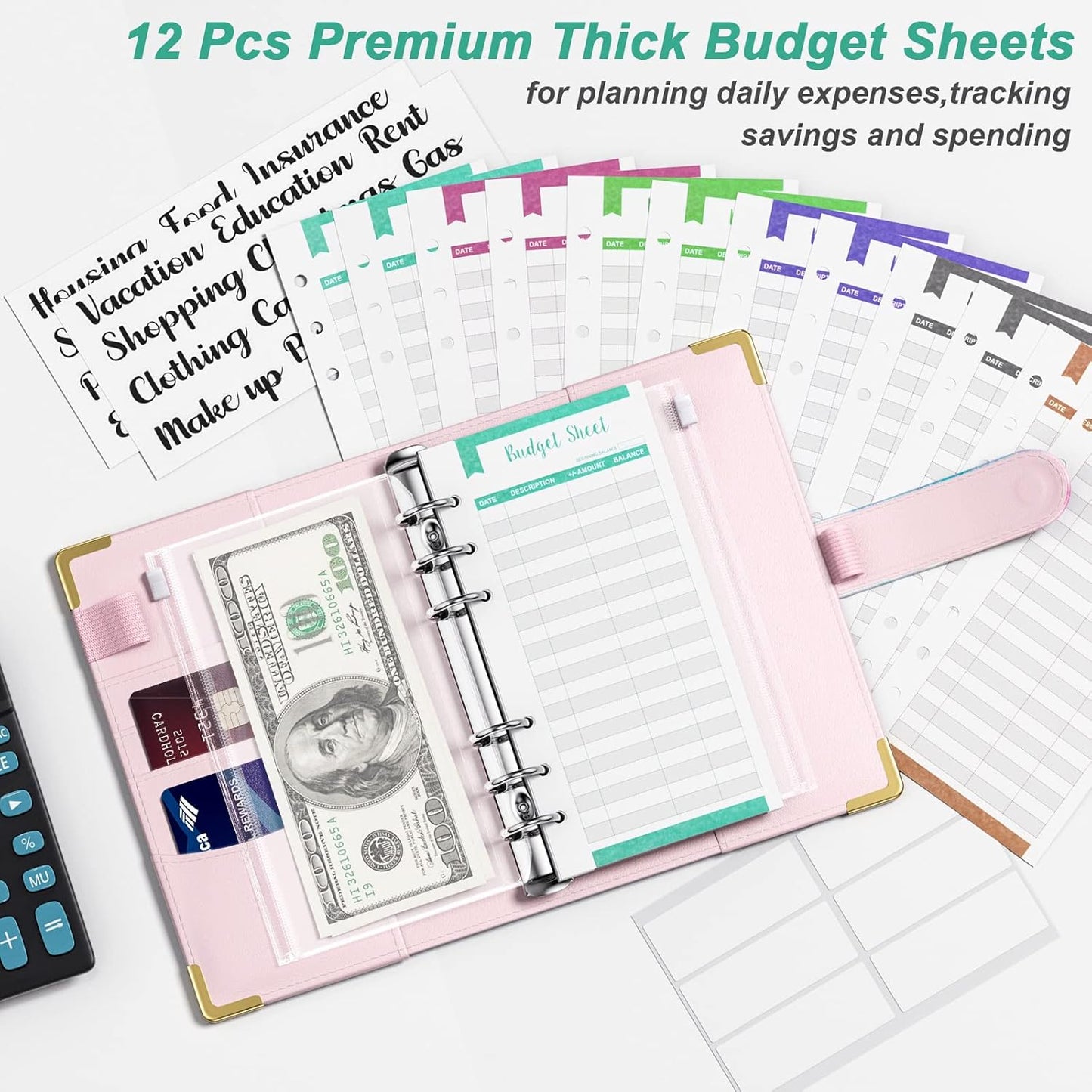 Rnivvi Budget Binder with Zipper Envelopes, A6 Money Saving Binder Cash Envelopes for Budgeting, PU Leather Planner Money Organizer for Cash Bills, Cute Floral System Wallet for Women, Pink Flower