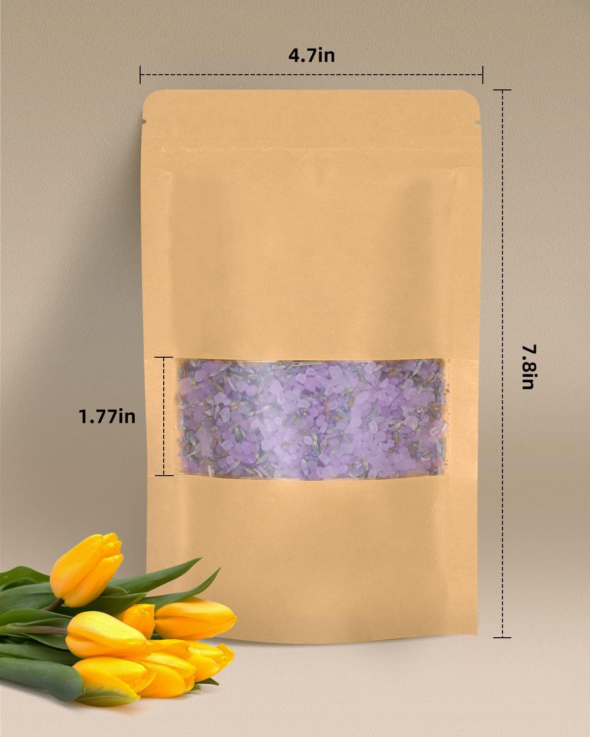 100pcs Kraft Bags with Window 4.7x7.8 Inches Brown Reusable Sealable Zip Lock Food Storage Stand up Paper Pouches for Home or Business